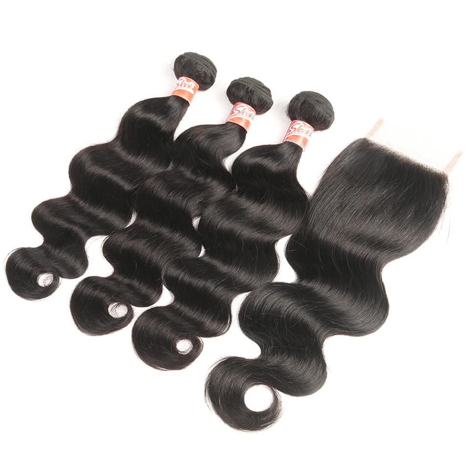 GRFIT Human Hair Bundles Body Wave 3 Bundles with Closure Human Hair Bundles with Closure Brazilian Virgin Body Wave Human Hair Weave Bundles with Lace Closure hair bundle/Hair Extensions (Size : 10 12 14+