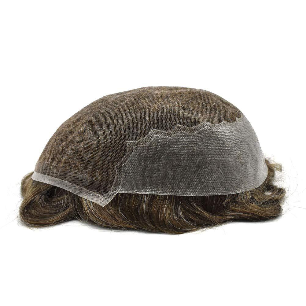 LYRICAL HAIR Toupee for Men Hair Replacement System Swiss Lace Mens toupee Front Bleached Knot Natural Hairline Men Hair Unit 100% Human Hair Gray Brown Black Blonde Men Hair Piece (7\"X9\", #6 Light Brown-100% Light to Medium Light Density)