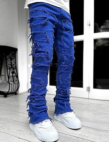COOLMONAR COOLMONAR Men\'s Ripped Distressed Destroyed Slim Fit Straight Leg Denim Jeans