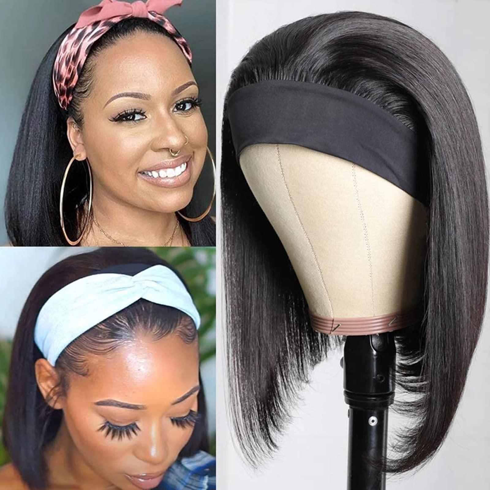 Ubetta Human Hair Headband Bob Wig Natural Black Short Bob Headband Wig for Black Women, Straight Human Hair Bob Wig with Headband Attached Headband Wig 180% Density 10 Inch Glueless None Lace Front Bob Wig
