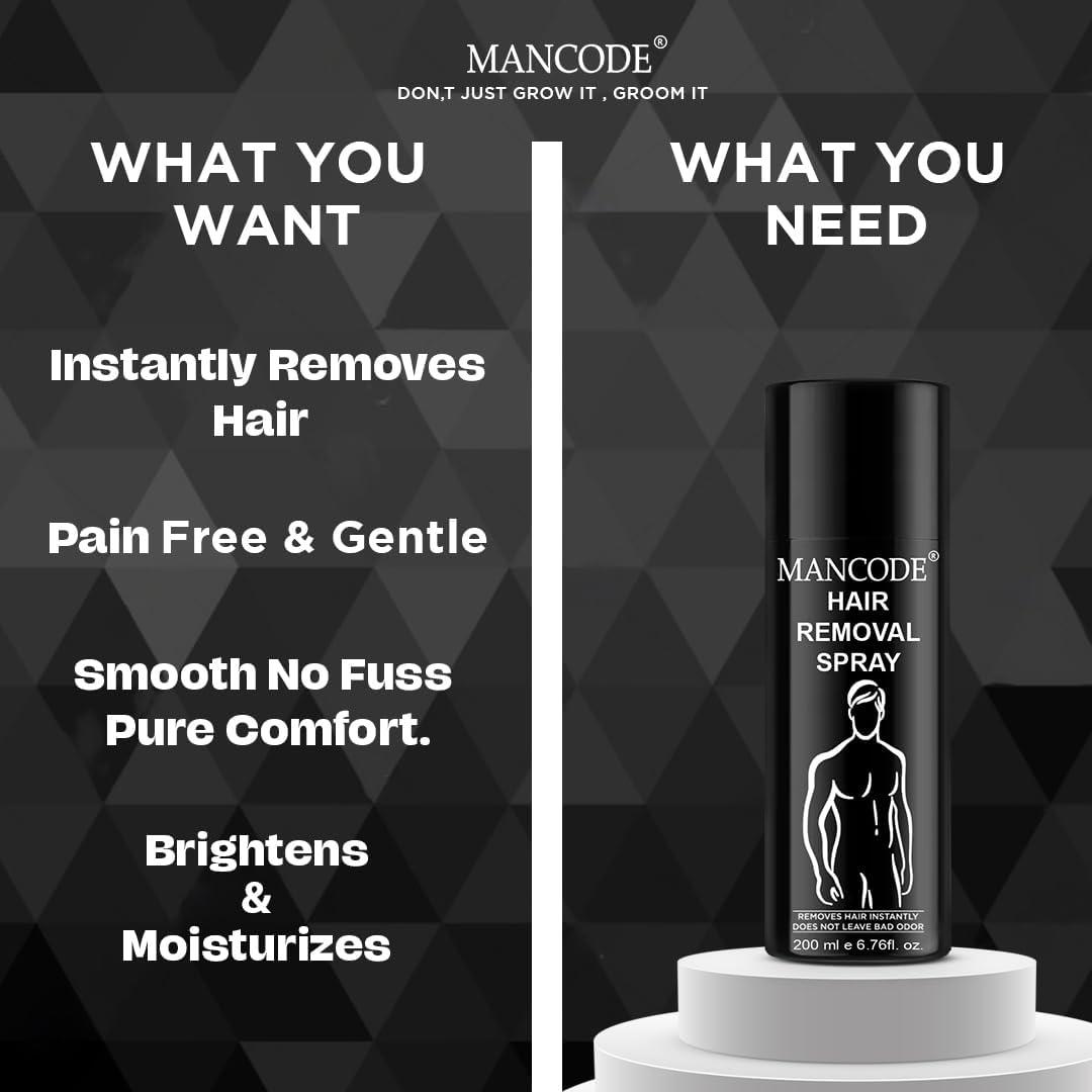 Generic Generic MAN\'S CODE Hair Removal Cream Spray 200ml for Men | Painless Hair Removal spray For Chest, Back, Legs & Under Arms | Itch & Irritation Free | Intimate Hygeine From Sweat, Clear