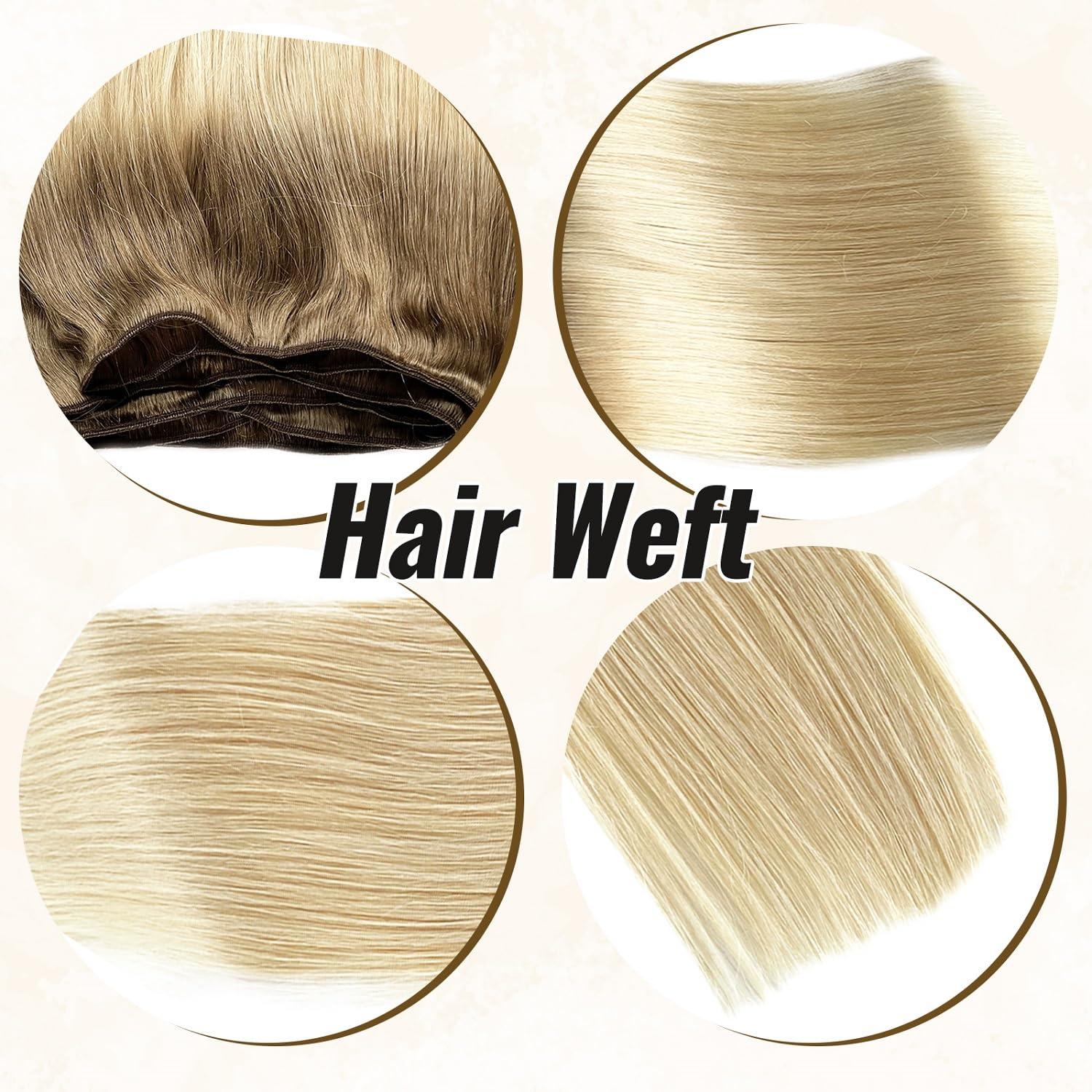 Benafee Sew in Weft Hair Extensions Human Hair, Ombre Hair Wefts Human Hair Sew in Bundles for Women Ash Brown to Platinum Blonde Human Hair Weft Sew in Genius Weft Hair Extensions Human Hair 14 Inch 80G