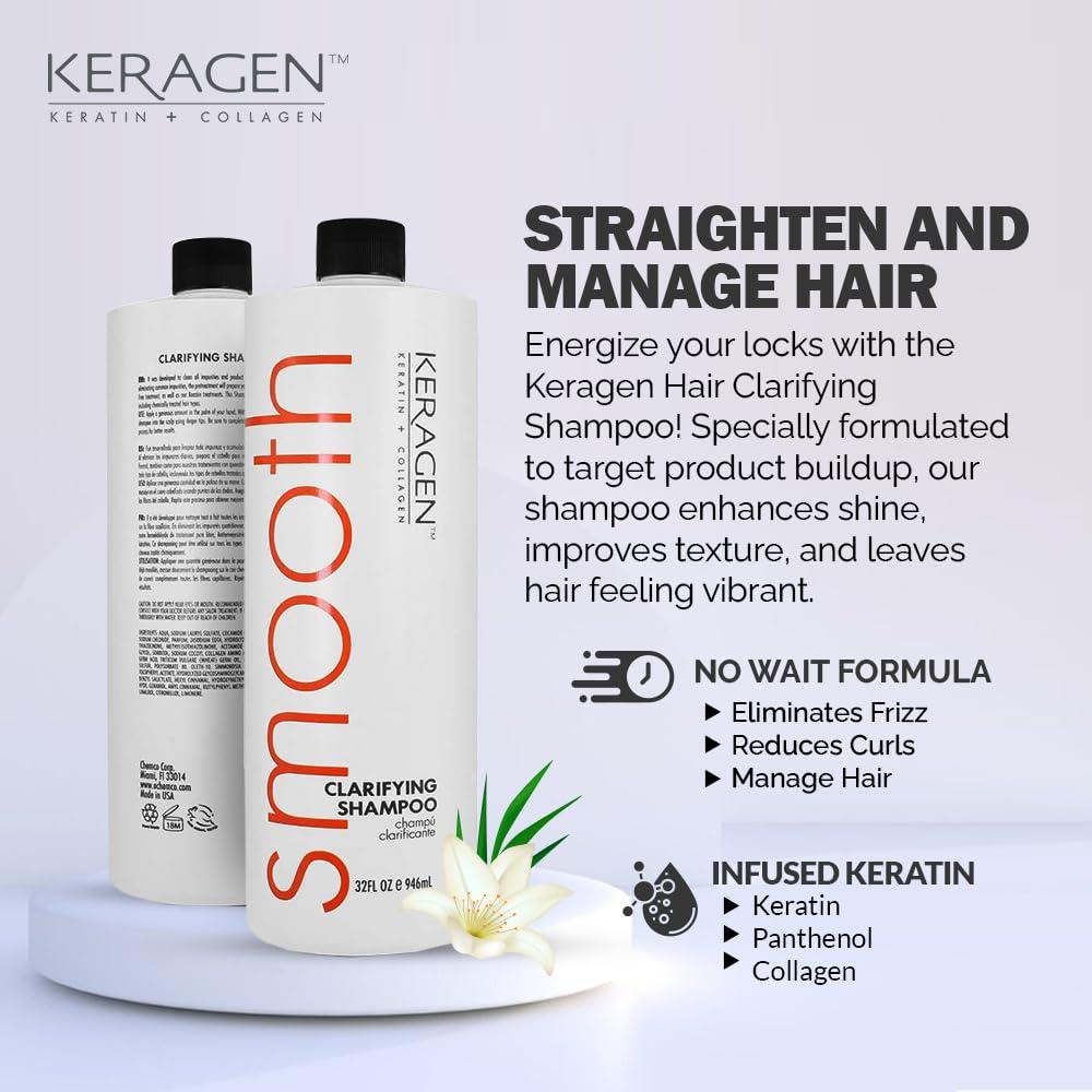 KERAGEN KERAGEN Hair Duo: Brazilian Keratin Smoothing Treatment (32 Oz) + Clarifying Shampoo (32 oz) - Forte Formula for Dry, Damaged Hair, Sulfate-Free, Eliminates Curls, Frizz