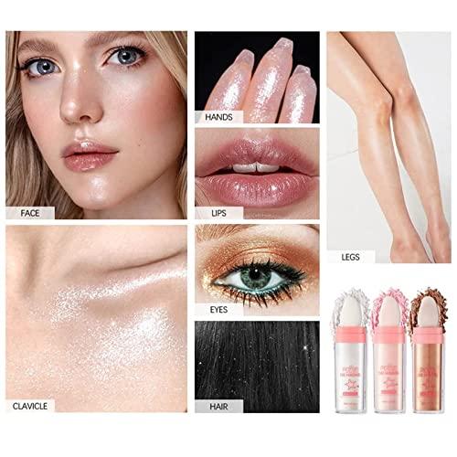 Kayswang Kayswang Body Glitter Powder Stick Face Highlights Shimmer Face and Body Highlighter Powder with Sponge Head, Magic Colour Shiner Powder for Face Body, Arms, Collarbones and Leg (02#Pink)