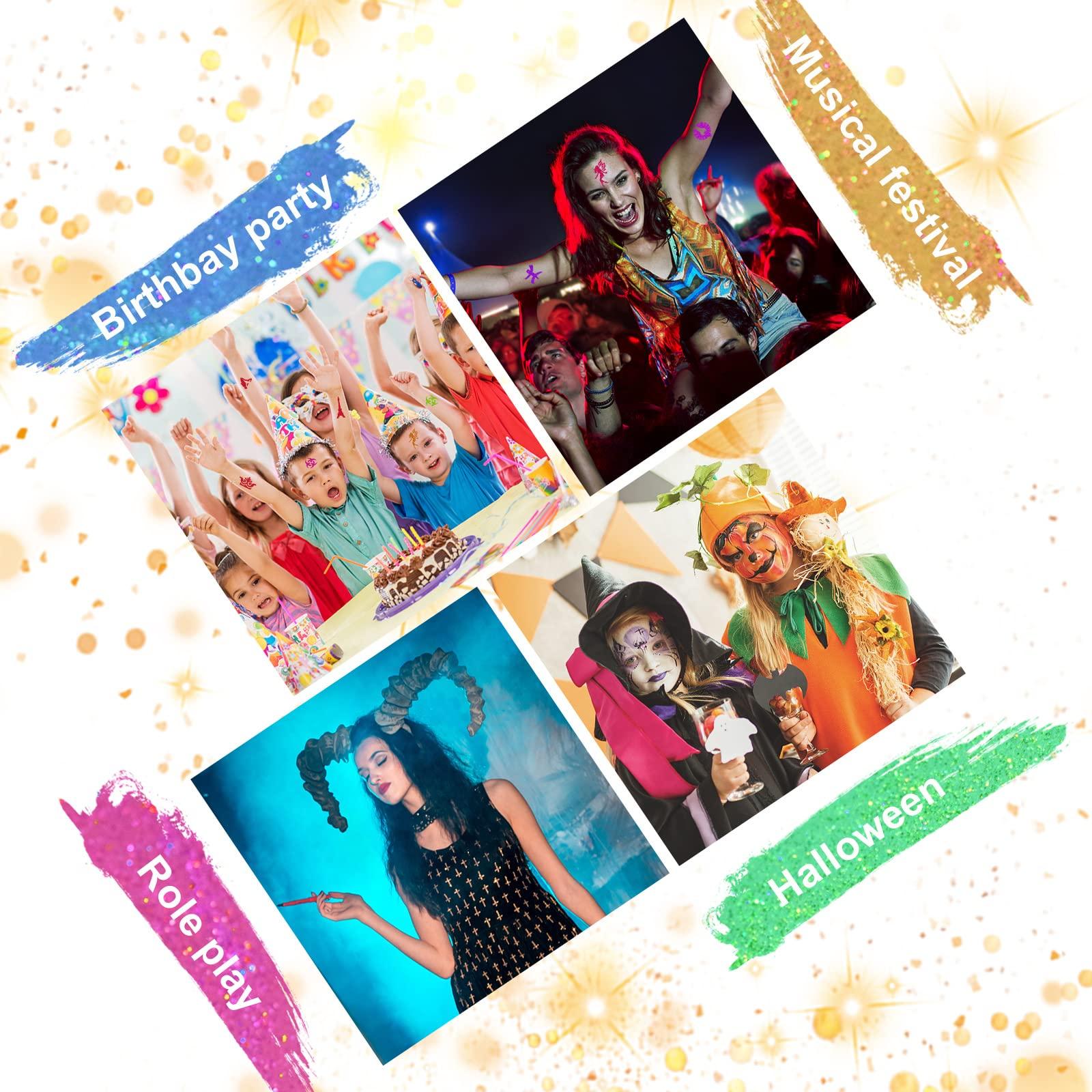 AOMIG AOMIG Glitter Tattoo Kit, Kids Temporary Tattoo Set - 24 Colours Glitter, 8 Fluorescent Powder, 172 Stencils, Unique Body Nail Glitter Safe Body Make-up for Kids and Adults Birthday Party