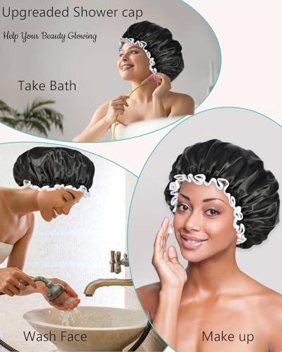 Luvruitaky Luvruitaky Shower Cap Large Reusable Shower Cap for Women 13 Inches Double Layer Waterproof Bath Hair Caps Black Oversized Adjustable Design for All Hair Lengths