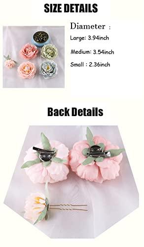 Kriccio Peony Flower Hair Clip Hanfu Hairpin Bridesmaid Pin up Flower Brooch Party Wedding Decor (one size, Light Gray-3Pcs)