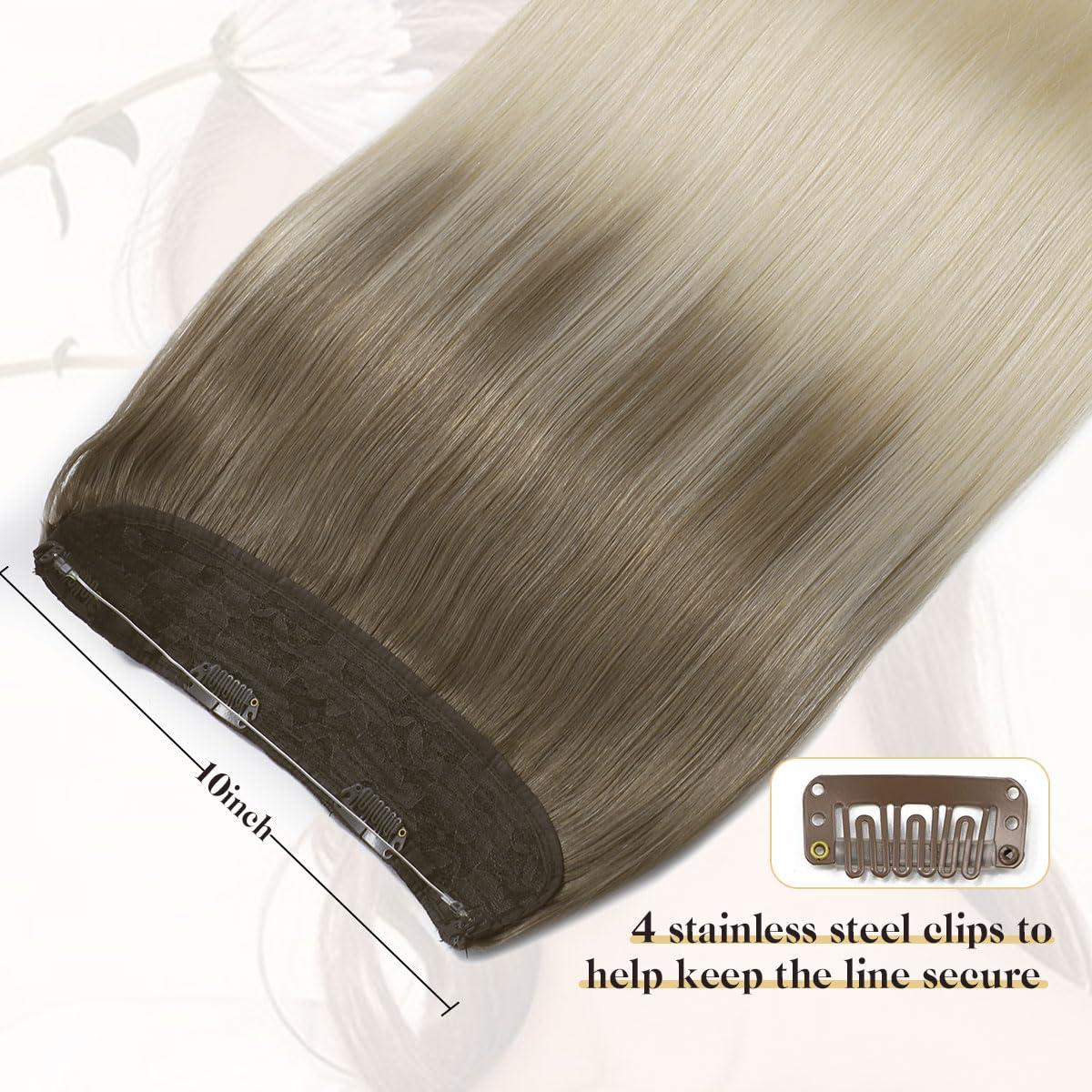 sindra Sindra Invisible Wire Hair Extensions Ombre Blonde Human Hair Wire Extensions Light Brown to Platinum Blonde Ombre Hair Extensions With Adjustable Clips One Piece Hair Extensions 70g Wire16#8T60