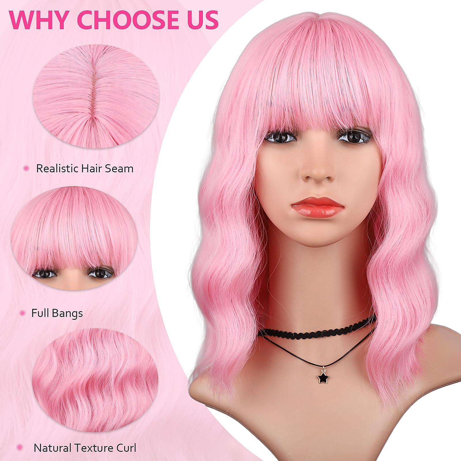 HAIRUP HAIRUP Light Pink Wig with Bangs for Women, Short Wavy Curly Bob Wig Pastel Pink Wigs 14 Inch Medium Length Colored Wig Party Cosplay Halloween Wigs