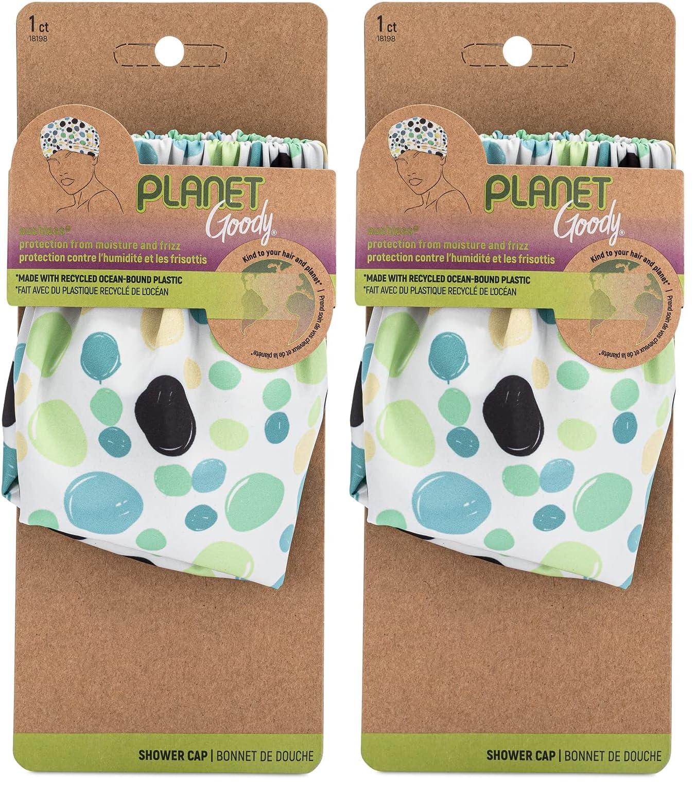 GOODY GOODY Planet Shower Cap,1 Count - Green Dots - Protect Your Hairstyle While Remaining Comfortable - Hair Accessories for Men,Women,Boys,& Girls - Made with Recycled Ocean-Bound Plastic (Pack of 2)