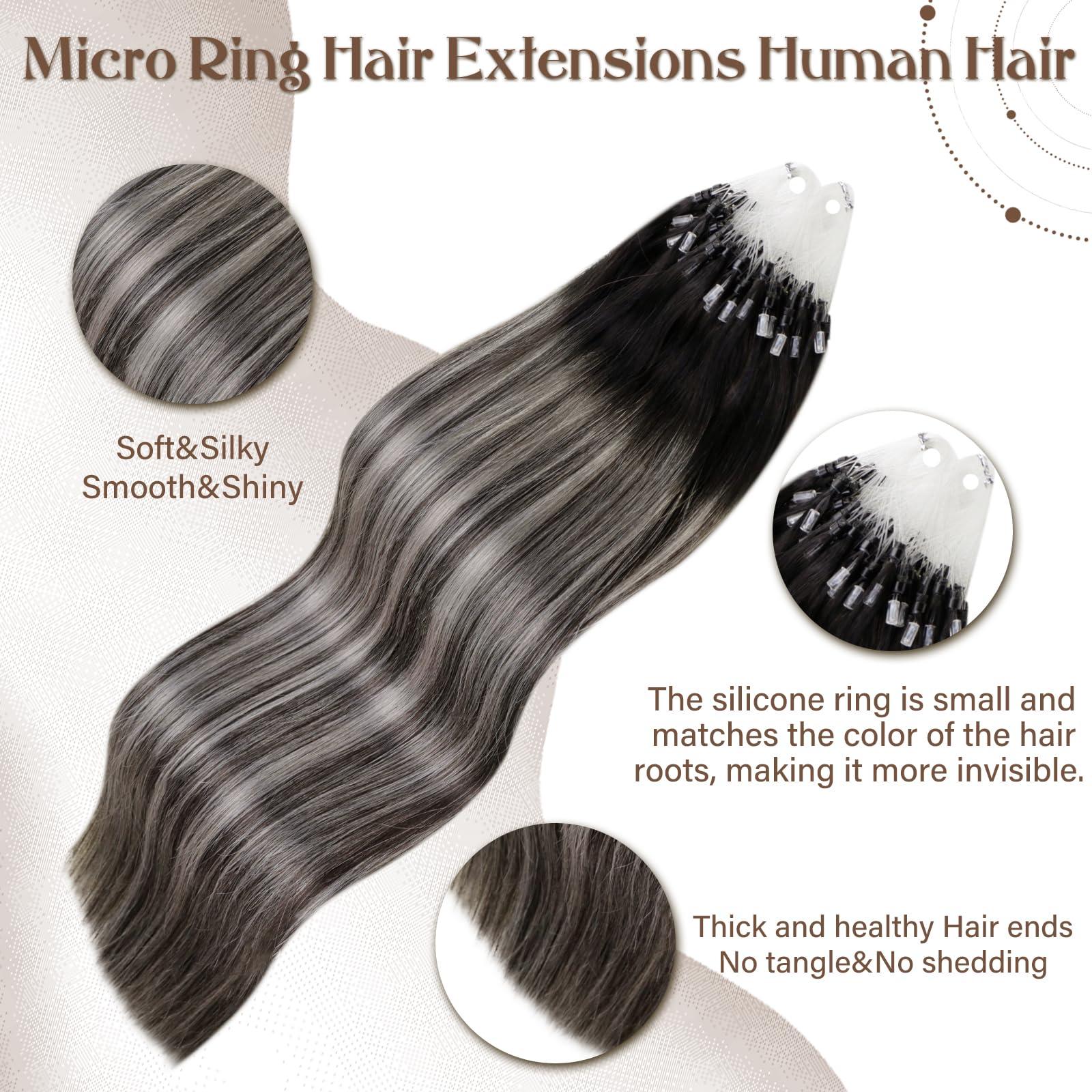 Hetto Hetto Micro Loop Hair Extensions Real Human Hair Ombre Black to Silver Remy Micro Beads Hair Extensions Natural Micro Link Hair Extensions Human Hair for Women 18 Inch 50g 50s