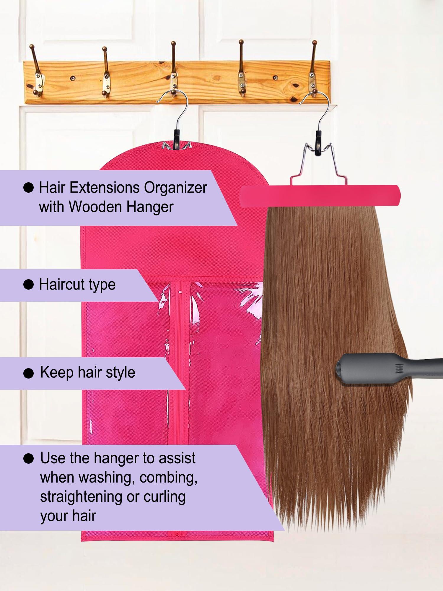 Whtawtaw 3 Pcs Hair Wig Extension Storage Bag, Hair Extensions Holder with Hanger, 11.4 * 23.6 inches, Portable Wig Bags Storage with Transparent Zipper Closure (Rose)
