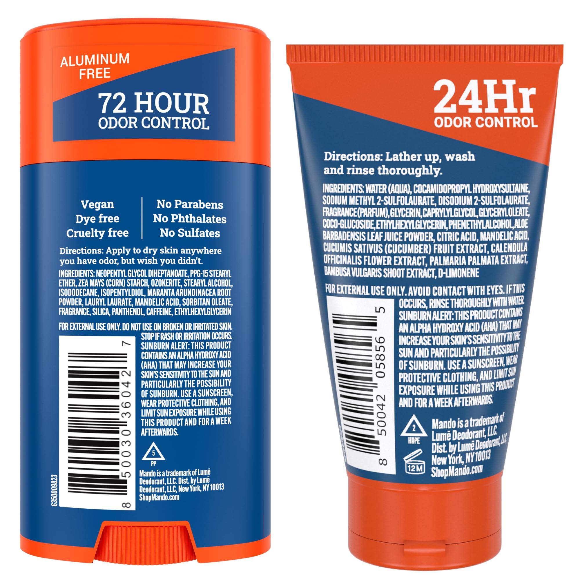 Mando Mando Smooth Solid Stick (2.6 Ounce) + Acidified Body Wash (0.5 Ounce) - Clinically Proven to Block Odor All Day - Whole Body Safe For Pits, Packages + Feet (Pro Sport)