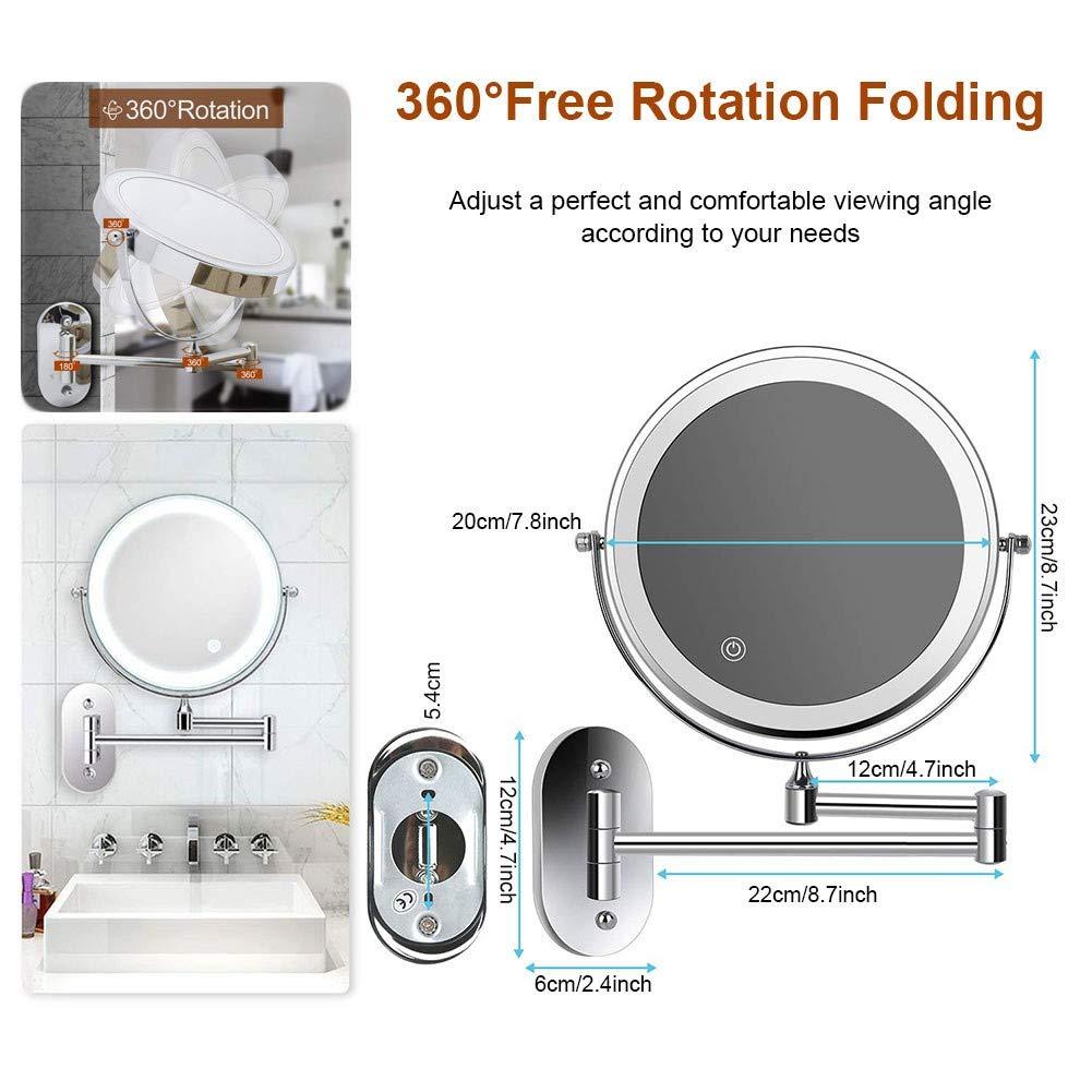 Suuim Wall Mounted Makeup Mirror 5X Magnification Double Sided Folding Led Bathroom Mirror with 3 Color Lights Retractable 360Swivel Illuminated Vanity Mir