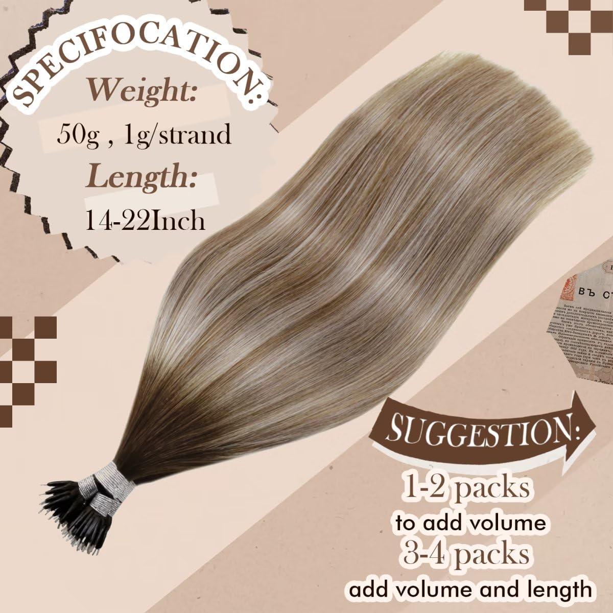 Hetto Hetto Nano Ring Hair Extensions Remy Hair Nano Hair Extensions Balayage Darker Brown to Light Brown with Medium Blonde Nano Bead Hair Extensions Pre Bonded Human Hair 16 Inch 50 Strands 50g