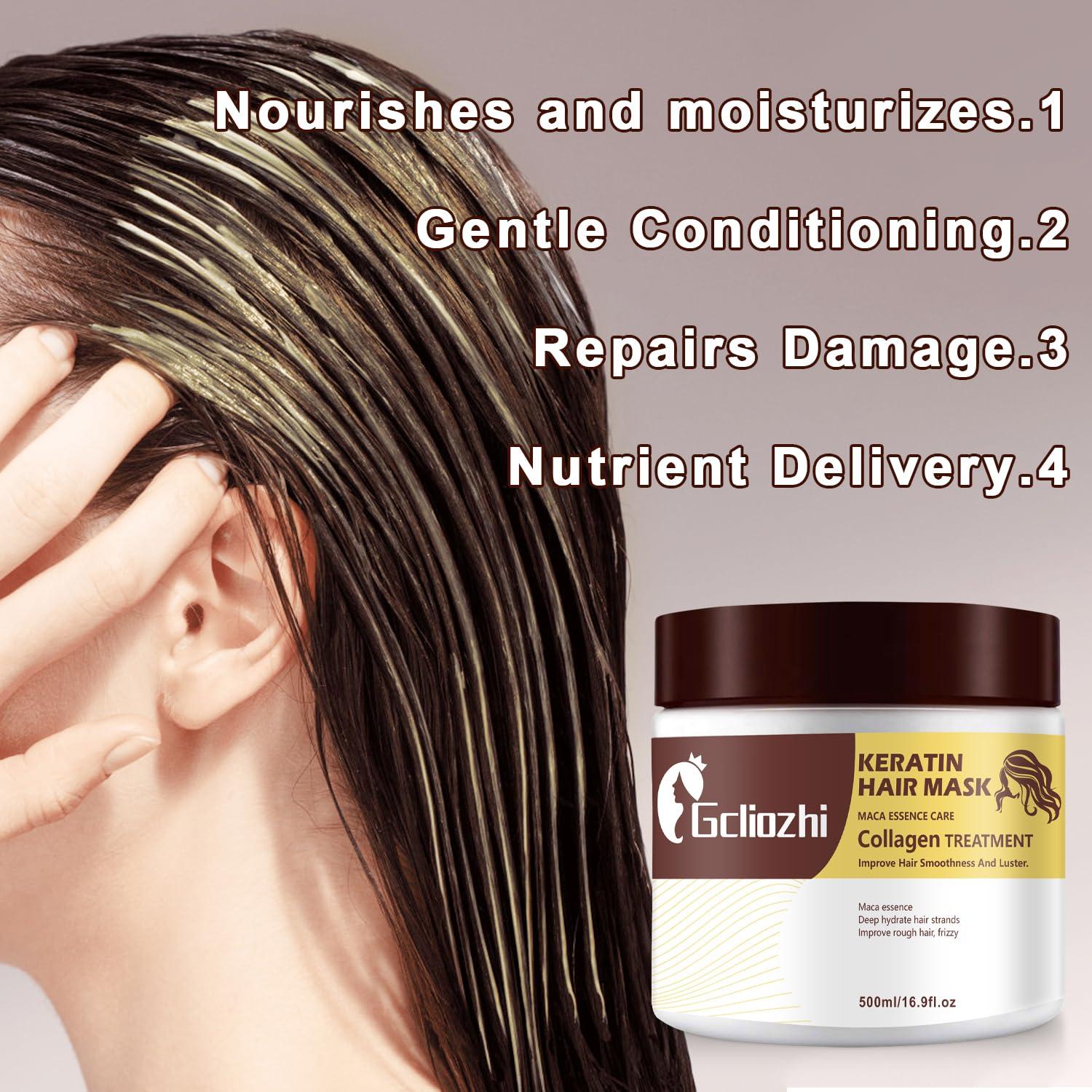 Gcliozhi Collagen Hair treatment for Damaged Hair - 500ml Hair Collagen Mask Keratin Hair Mask Protein & Coconut Oil Deep Repair Conditioning Argan Oil Treatment for Curly or Straight Thin Fine Hair (500ml)