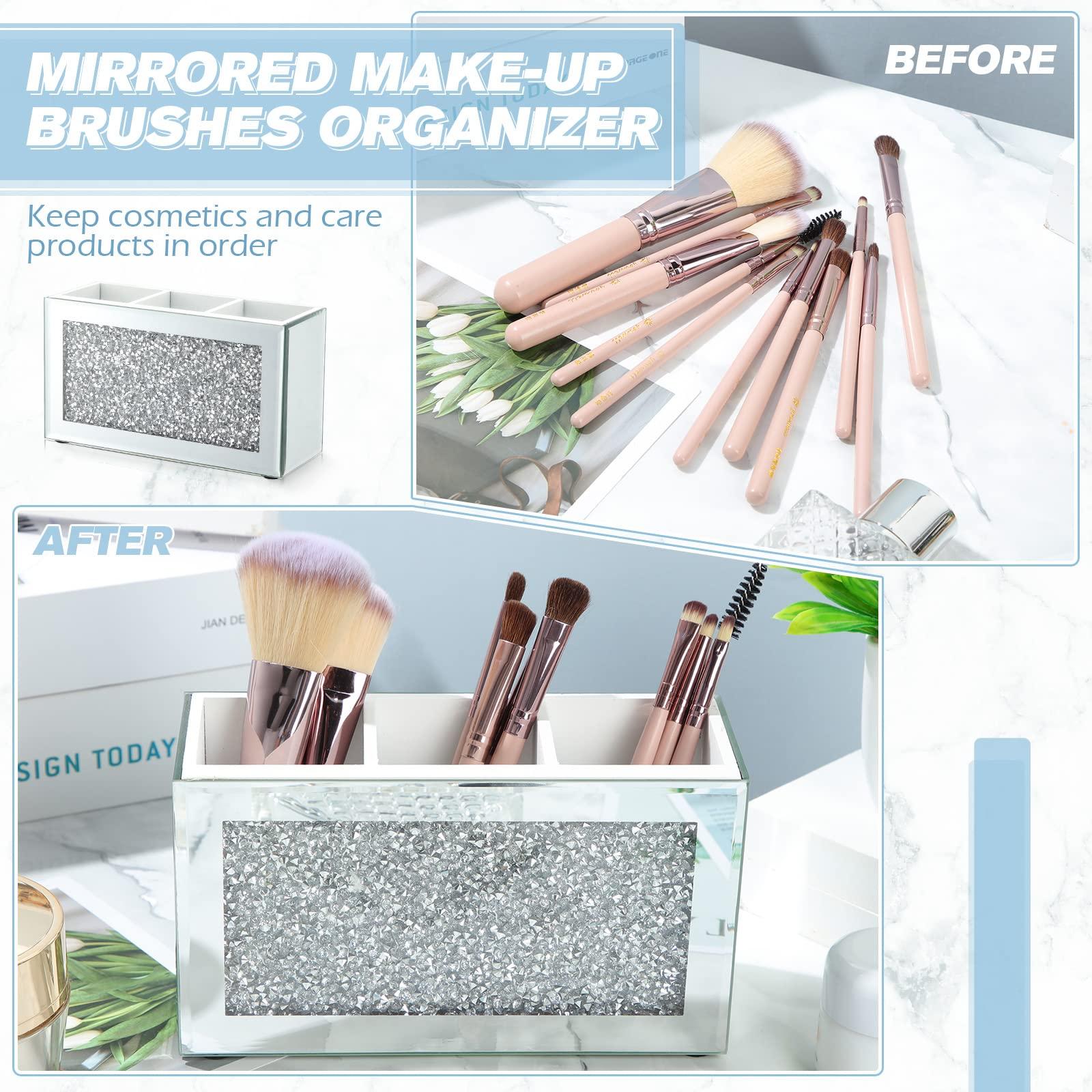 Tanlade Tanlade 2 Pcs Mirrored Makeup Brush Holder Remote Holder, Mirrored Makeup Organizer with Crushed Diamond Crystals, Vanity Cosmetics Organizer Solution, Pencil Holder Organizer for Desk (3 Compartment)