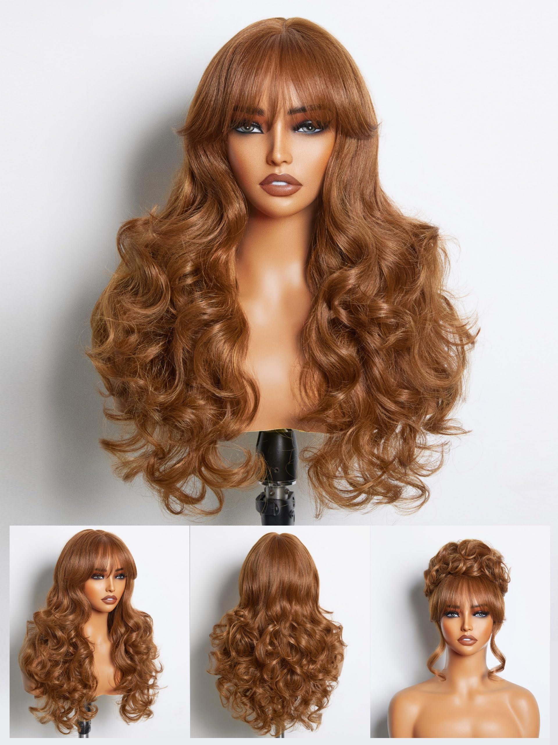 GORGIUS GORGIUS Honey Brown Wig with Bangs, Long Body Wave Fringe Bang Wig, Ready to Go Glueless Wig Upgraded with Style-Archive Premium Fiber