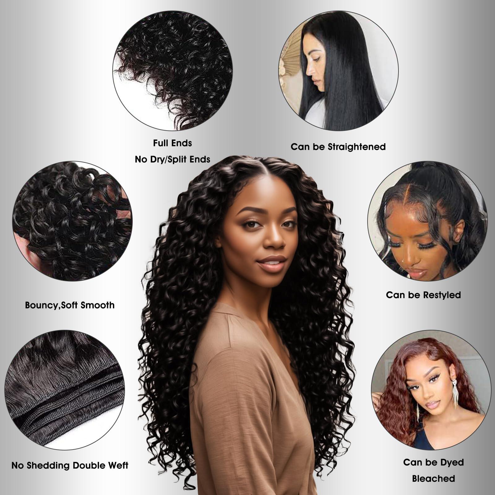 NBRUW Human Hair Bundles 20 22 24 26 Inch Deep Wave Bundles Human Hair 12A 4 Bundles Human Hair 100% Unprocessed Virgin Deep Curly Human Hair Bundles Deals Real Human Hair Extensions Natural Black
