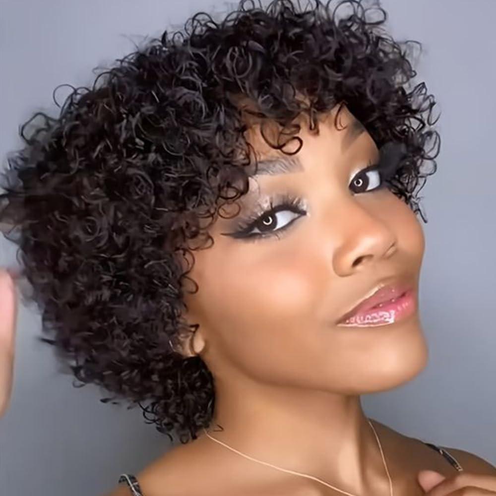 Afinska Afinska Kinky Curly Human Hair Wig Pixie Bob Cut Wig With Bangs Short Pixie Human Hair Wig Curly Pixie Cut Wig Human Hair Natural Black Brazilian Glueless Short Wig Bob Wigs Human Hair