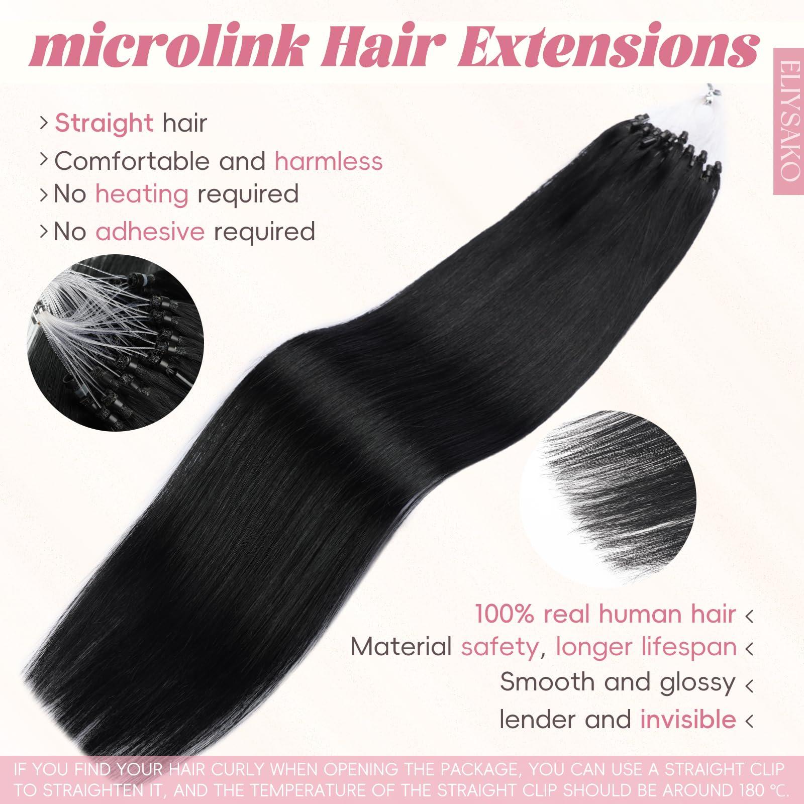 Eliysako Microlink Hair Extensions Human Hair 50g 20inch(#1) Natural Black Micro Link Hair Extensions Human Hair Microbead Hair Extensions Microloop Hair Extensions Human Hair For Women