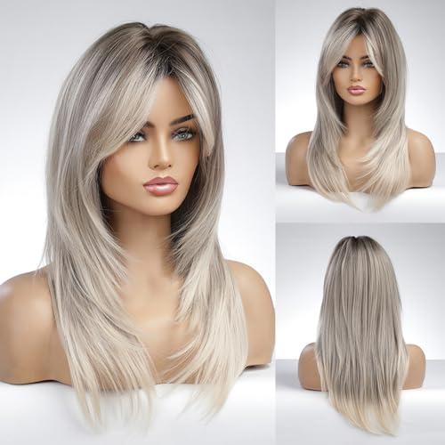 Honygebia Honygebia Brown Blonde Wig with Bangs - Long Wavy Ombre Curtain Bang Wigs for Women, Brown to Blonde Light Ash Dark Roots Synthetic Hair, Heat Resistant Natural Cute Wigs for Halloween/Christmas