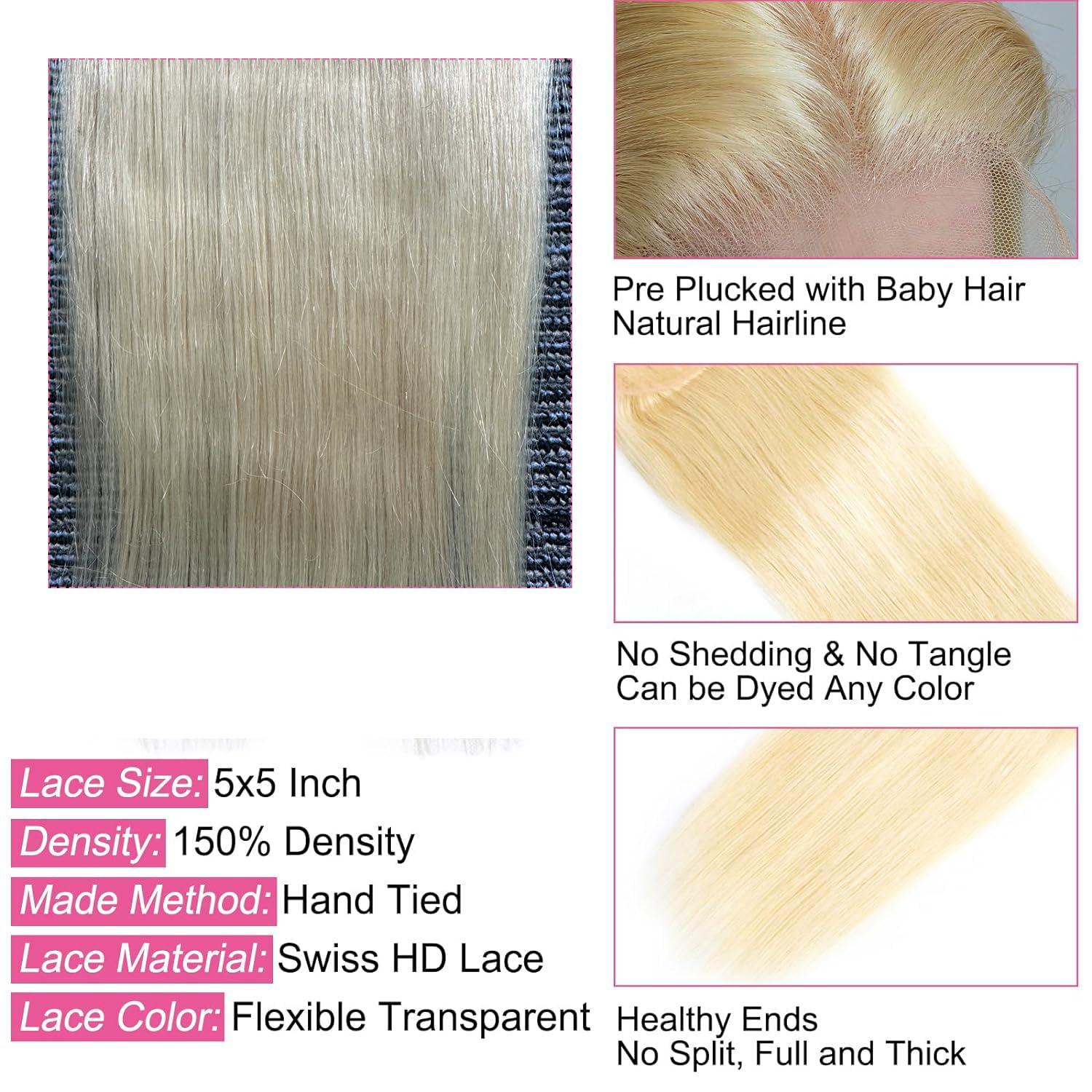 Glisdia 613 5x5 Closure Hd Lace Transparent Deep Part 55 613 0.11mm Ultra-Thin Invisible Skinlike Lace Closure Blond Color 12a Grade Straight Human Hair Pre Plucked With Baby Hair Free Part 16 Inch