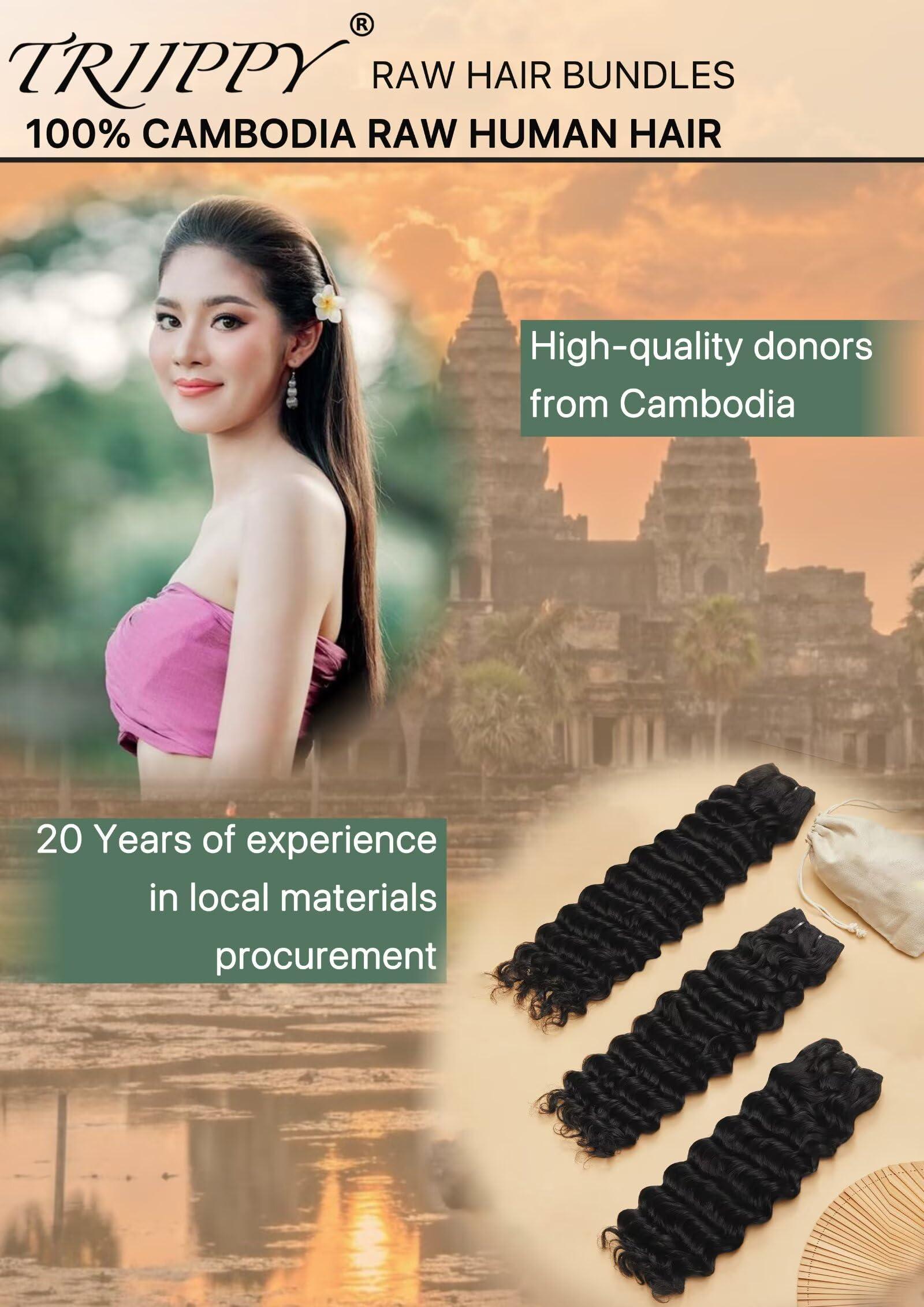 Triippy TRIIPPY Raw Human Hair Bundles,Triple Lifespan Than Regular Virgin Hair No.1 Sales Of Raw Hair Bundles,26 28 30 Inches Cambodia Raw Deep Wave 3 Bundles, Keep Soft and Smooth After Multiple Washes