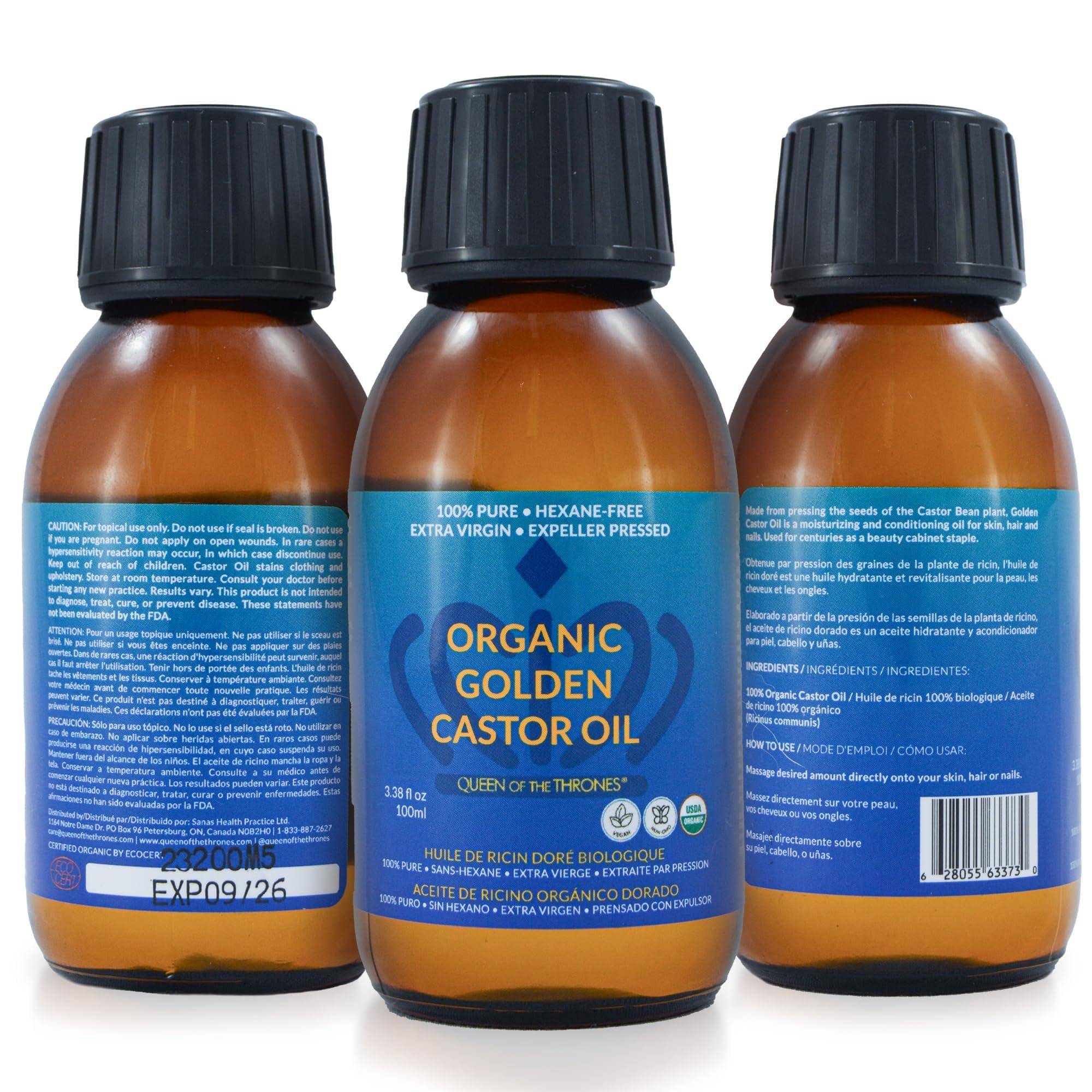 QUEEN OF THE THRONES QUEEN OF THE THRONES Organic Golden Castor Oil | 100% Pure for Hair, Skin, Nails, Brows & Lashes | Hexane-Free | USDA Certified [3.38oz (100ml)]