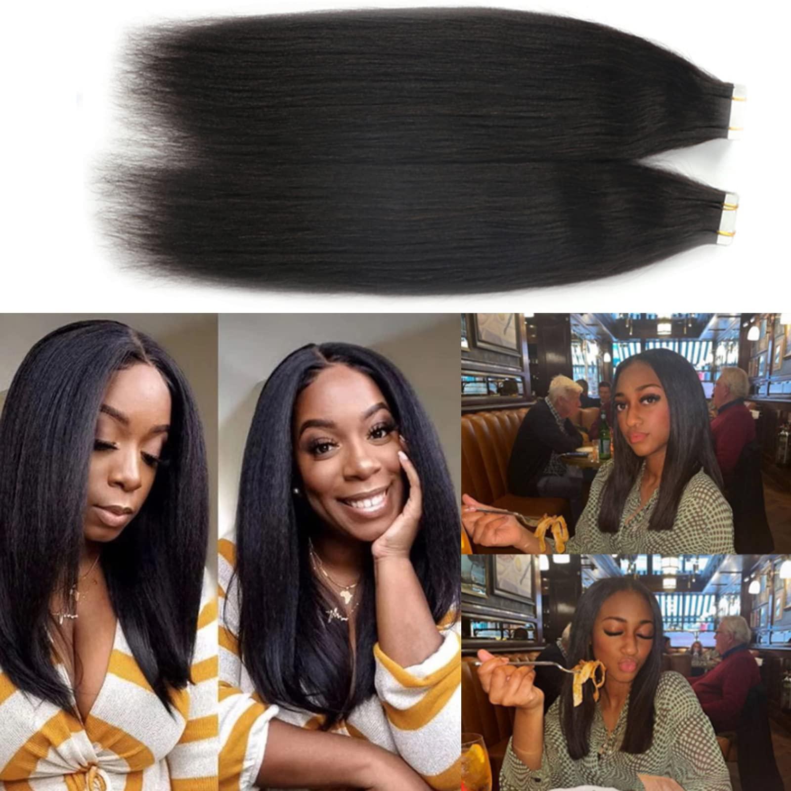 Belaved Yaki Tape in Hair Extensions Human Hair for Black Women Natural Black Lightweight Yaki Straight Human Hair Tape in Extensions Double Sided Seamless Skin Weft 10A Brazilian Remy Hair 20Inch