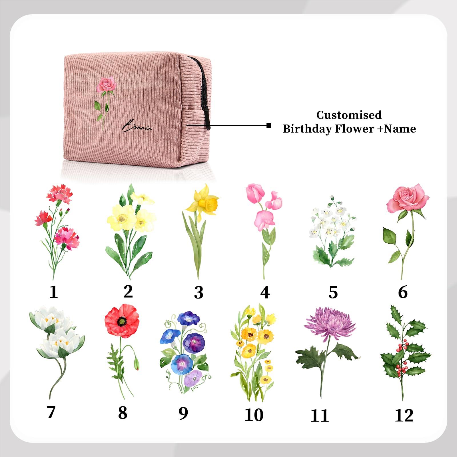 Edgahisme Edgahisme Custom Name Makeup Bags for Women Personalized Travel Cosmetic Bag with Birth Flower Portable Make Up Bags Customized Gifts for Women Mother Sister (Pink)