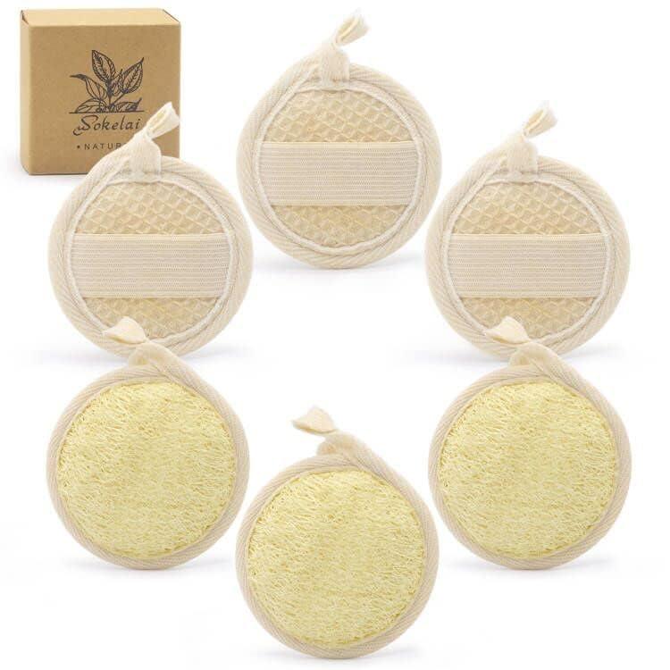 wokelai Exfoliating Loofah Sponge Pads Face loofa Brush 6 Pack 3.15 inches Made of 100% Natural Luffa Body and Facial Scrub Pad Personal Care Close Skin for Men and Women for Bath Spa and Shower