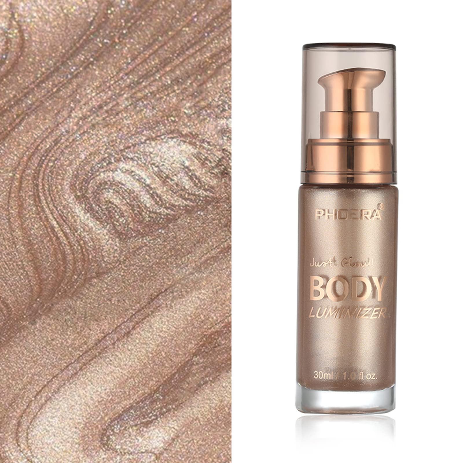 Lezero Body Shimmer Oil, Waterproof Long Lasting Moisturizing Bronze Body Luminizer Glow For Face & Body, Liquid Illuminator Body Highlighter 1oz/Jars, Makeup Brush Include (Rose Gold #01)