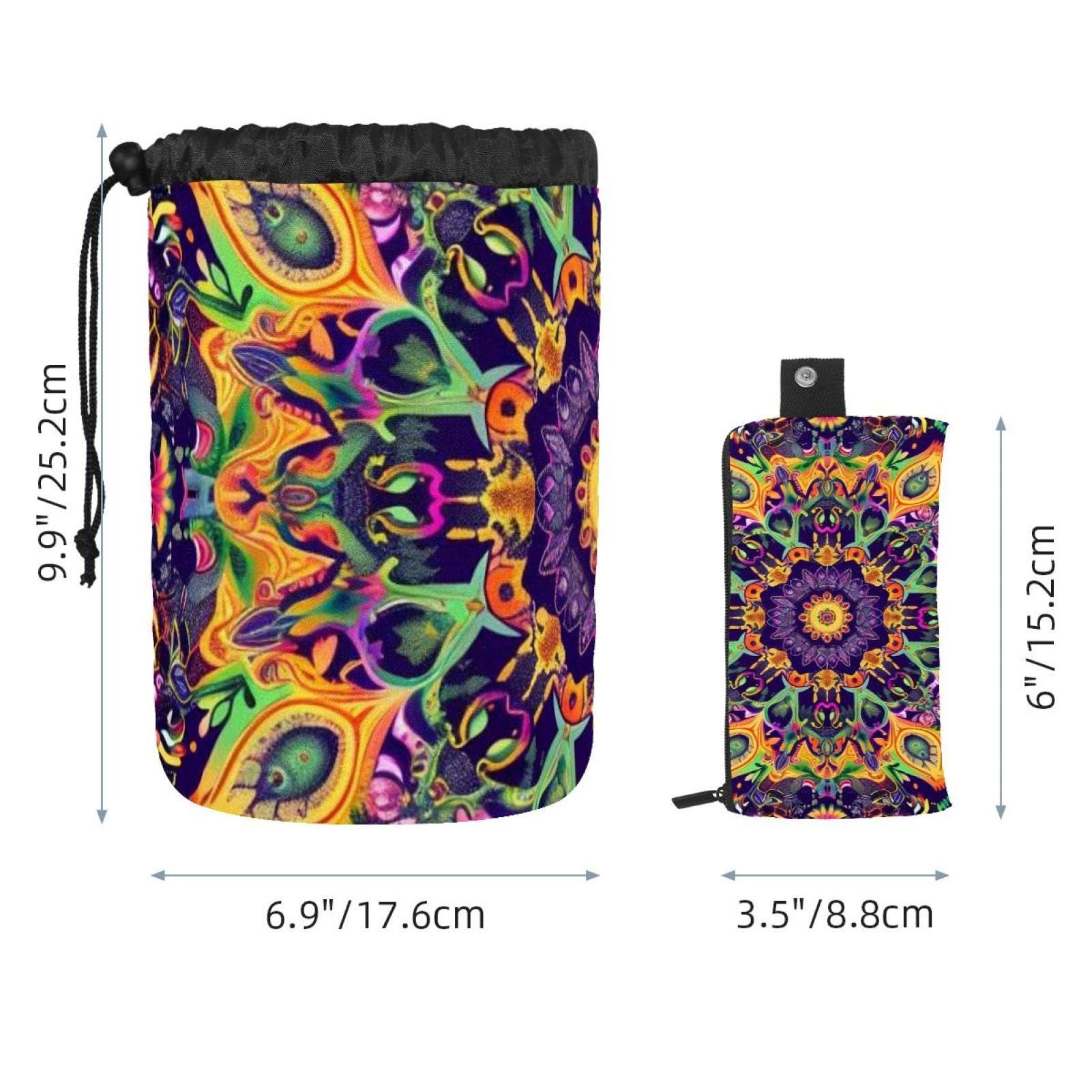 LSHDNG Travel Cosmetic Bags bucket Makeup Bag, Art Psychedelic Mandala Hippie Women Portable Foldable Cases, Multifunctional Toiletry Bucket Bags Round Organizer Storage