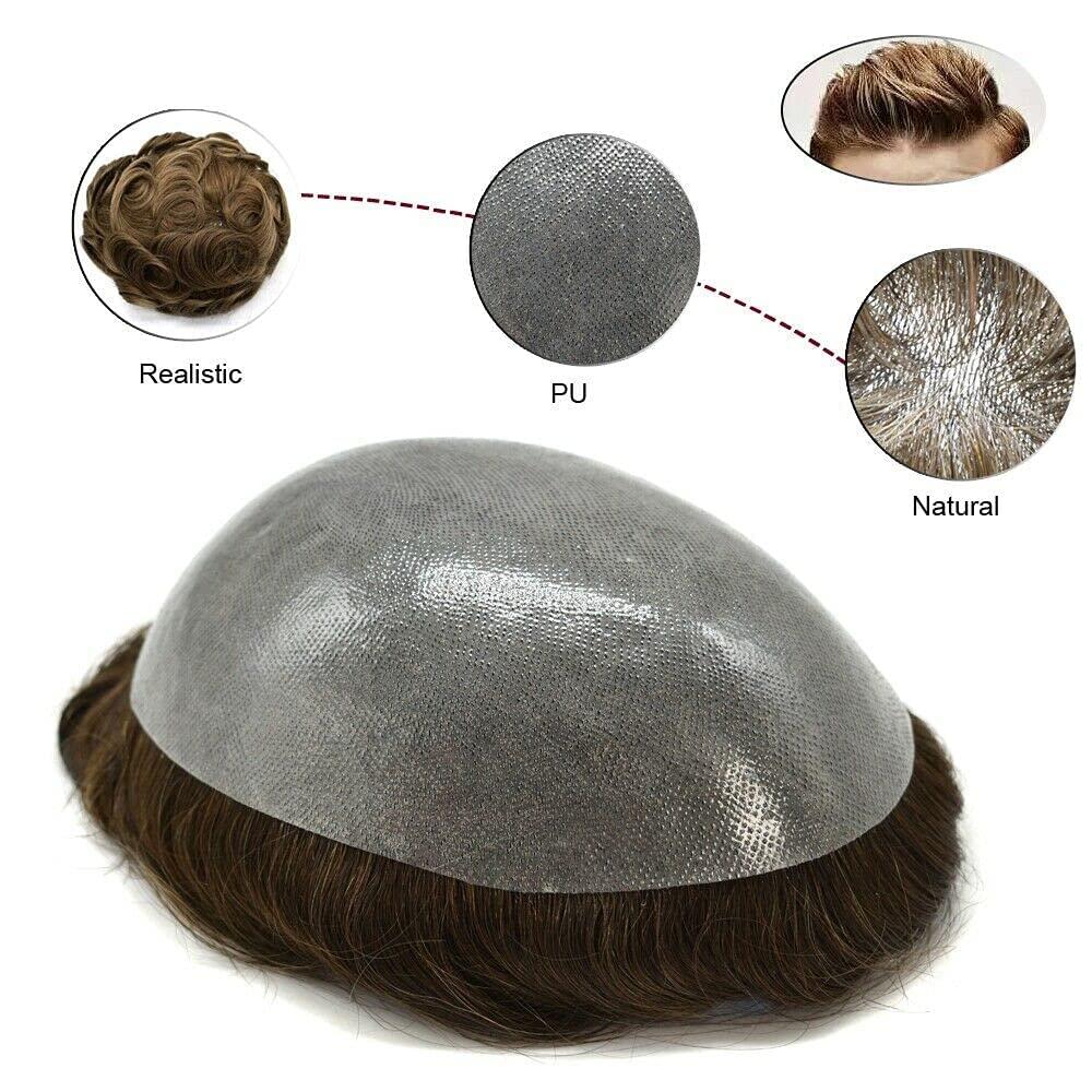 Curve Hair Thin Skin Men's Toupee Real Human Hair Pieces for Men 0.1-0.12mm Medium PU Durable Mens Hair System Full Poly Hair Replacement for Men PAPY (8"x10", 2 Darkest Brown-90% Light Density)