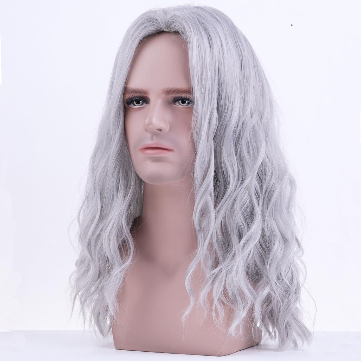 BERON BERON Mens Silver Grey Long Wigs With Halloween Cosplay Costume Party Wig Curly Middle Part Hair Wigs