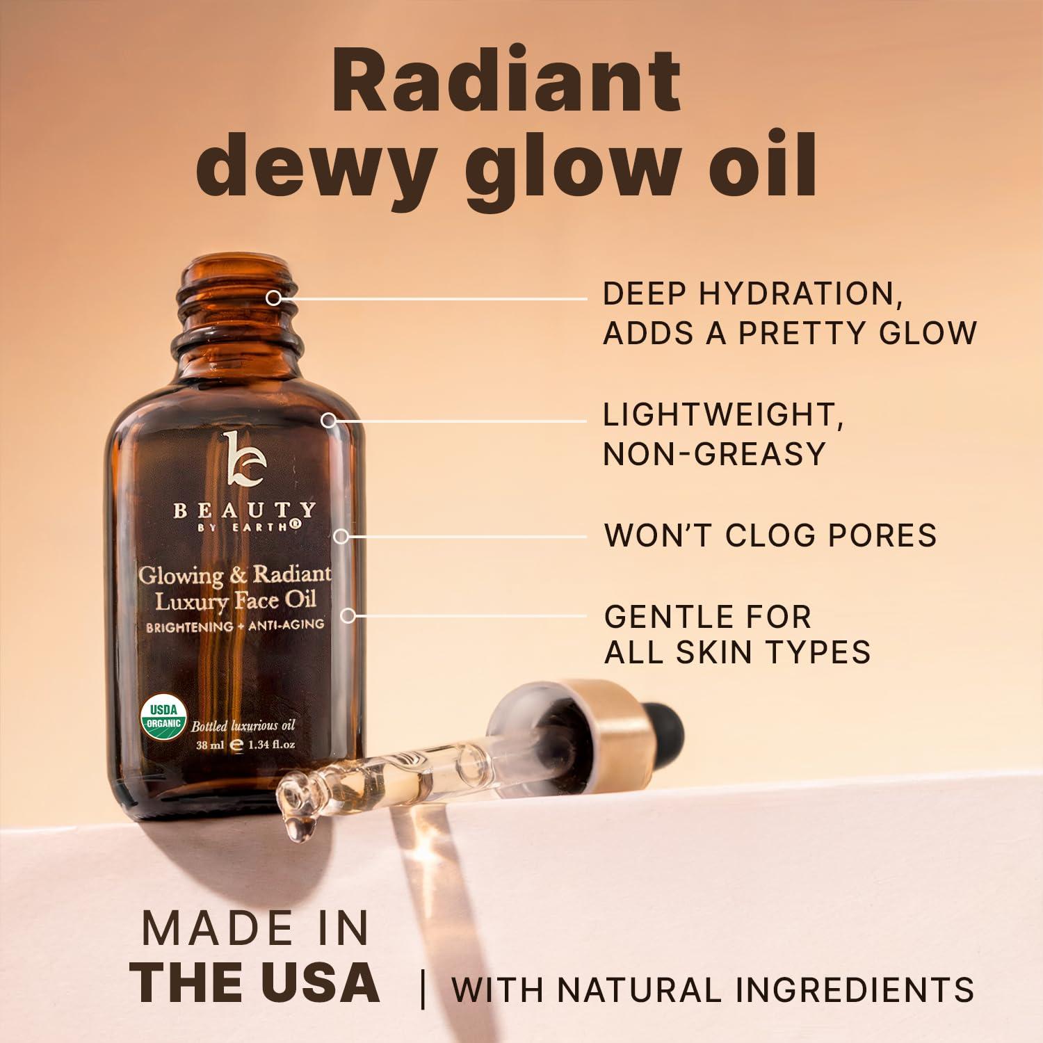 Beauty by Earth USDA Organic Face Oil USA Made with Natural Ingredients, Brightens & Smooths Fine Lines & Wrinkles, Non-comedogenic Lightweight Facial Oil for Dry & Sensitive Skin with Moringa, Jojoba & Argan Oils