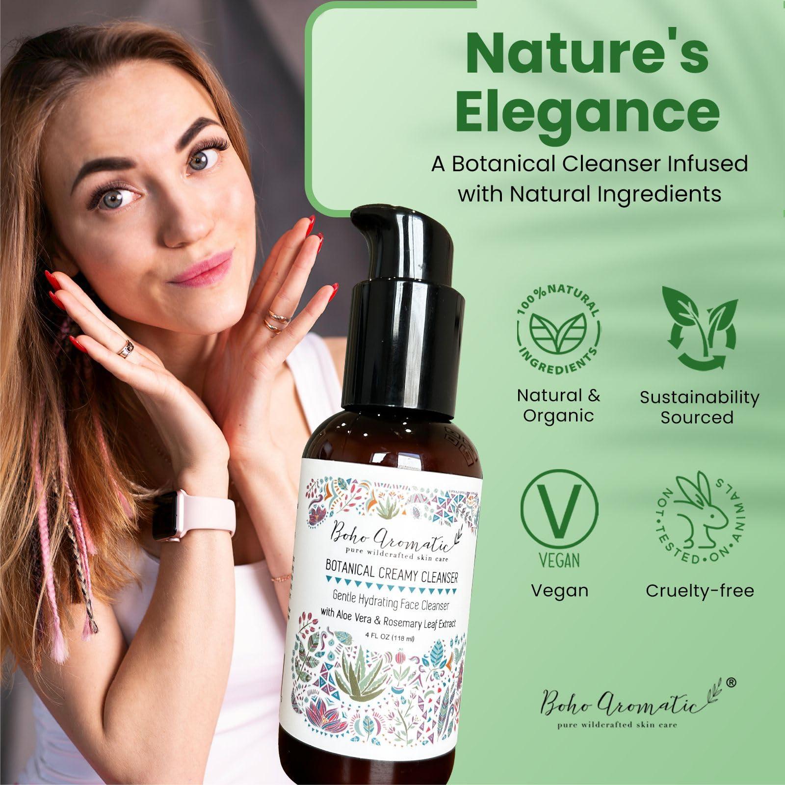 Boho Aromatic Boho Aromatic Botanical Cream Face Cleanser and Konjac Sponge, Gentle Non-Foaming Face Wash, Anti Aging Facial Cleanser, Natural & Organic, Daily Facial Cleanser, Facial Care Products