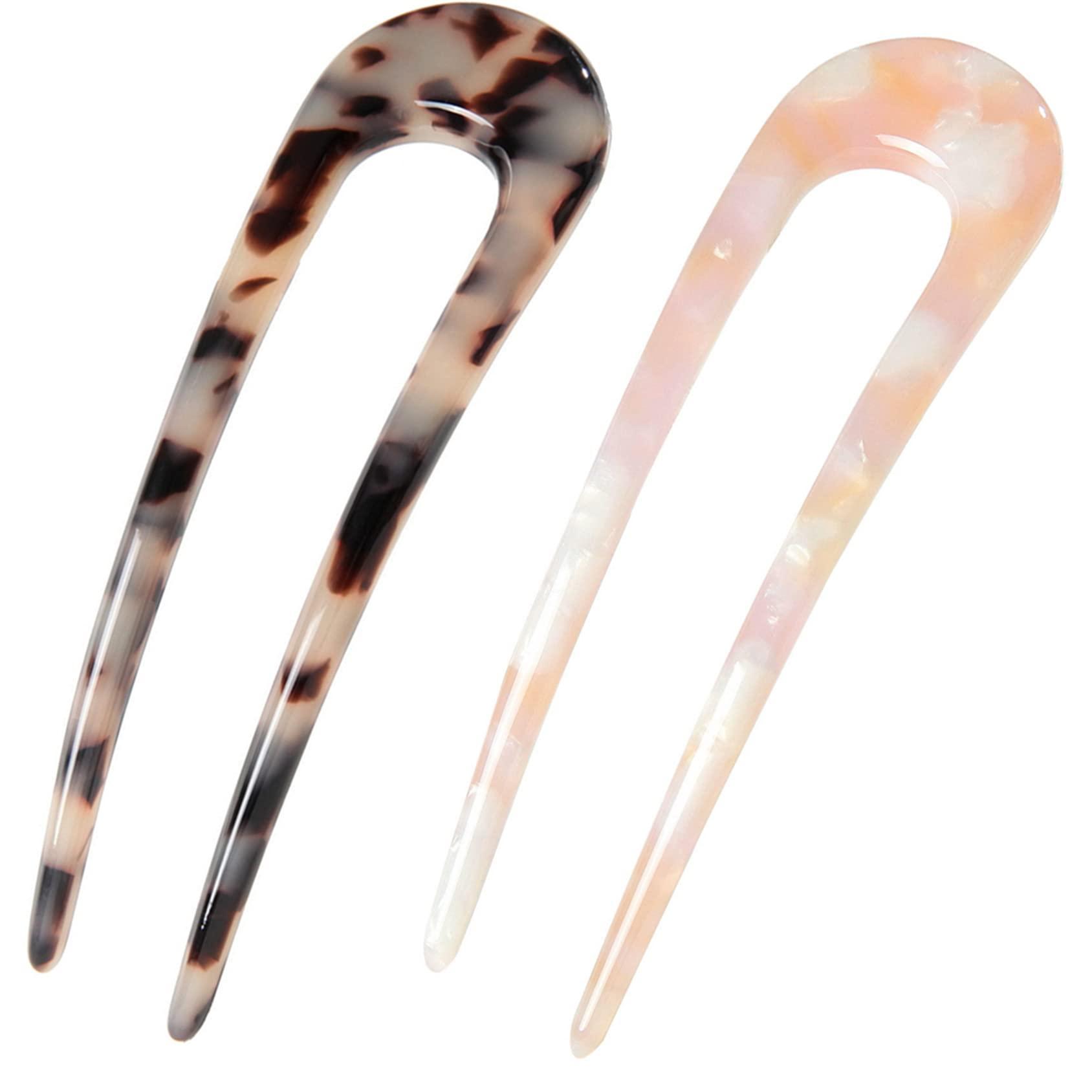 Fsmiling French Hair Pins Tortoise Shell French Hair Forks U Shaped French Pins 2 Prong Hair Sticks Acetate Chignon Pin for Women Hairstyle Accessories 2 Pack