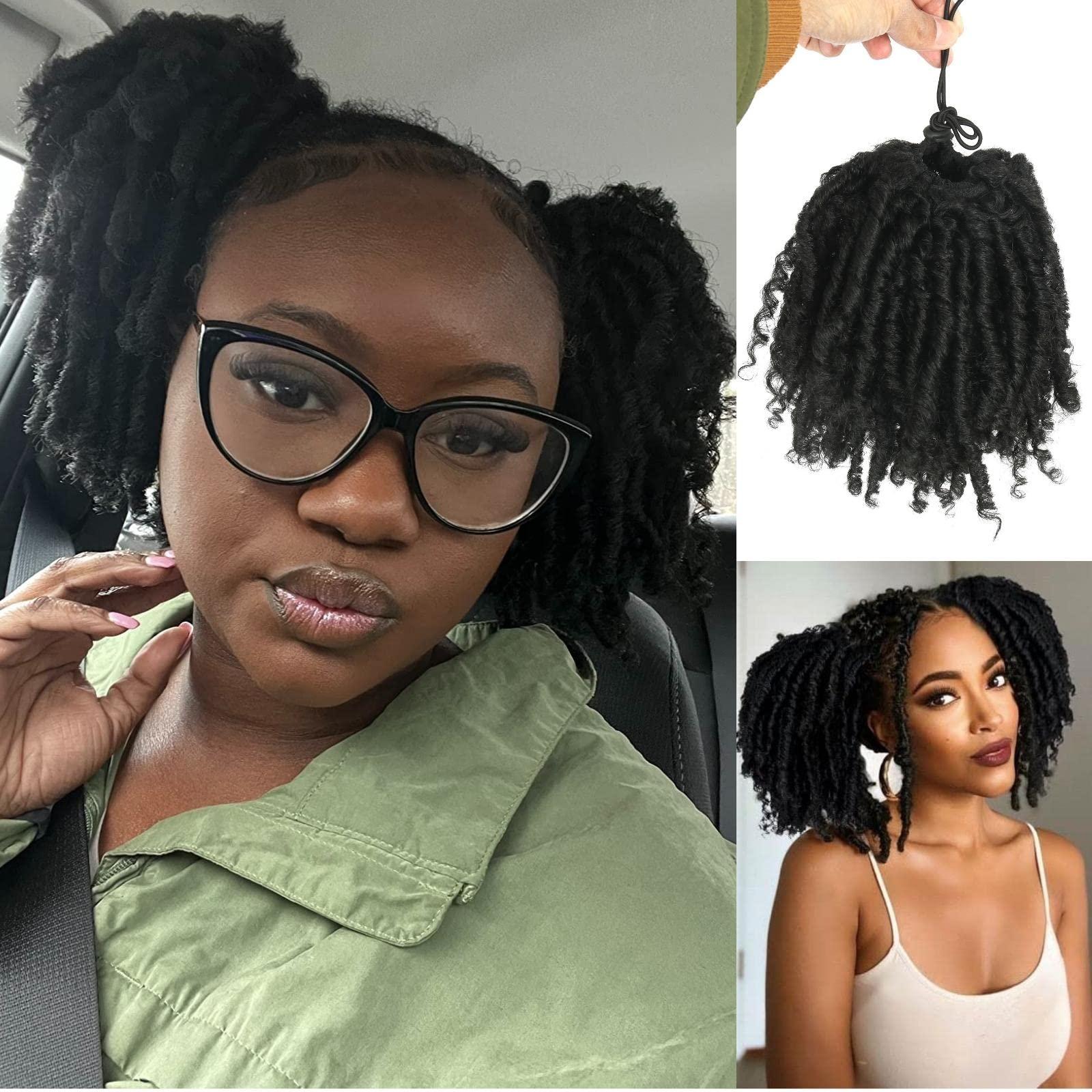 Oseti Oseti Dreadlock Curly Black Loc Drawstring Ponytail for Black Women, Short Loc Petal Bun Loc Accessories Clip in on Ponytails Hair Extensions Fake Ponytail Synthetic Hair Pieces for Black Women