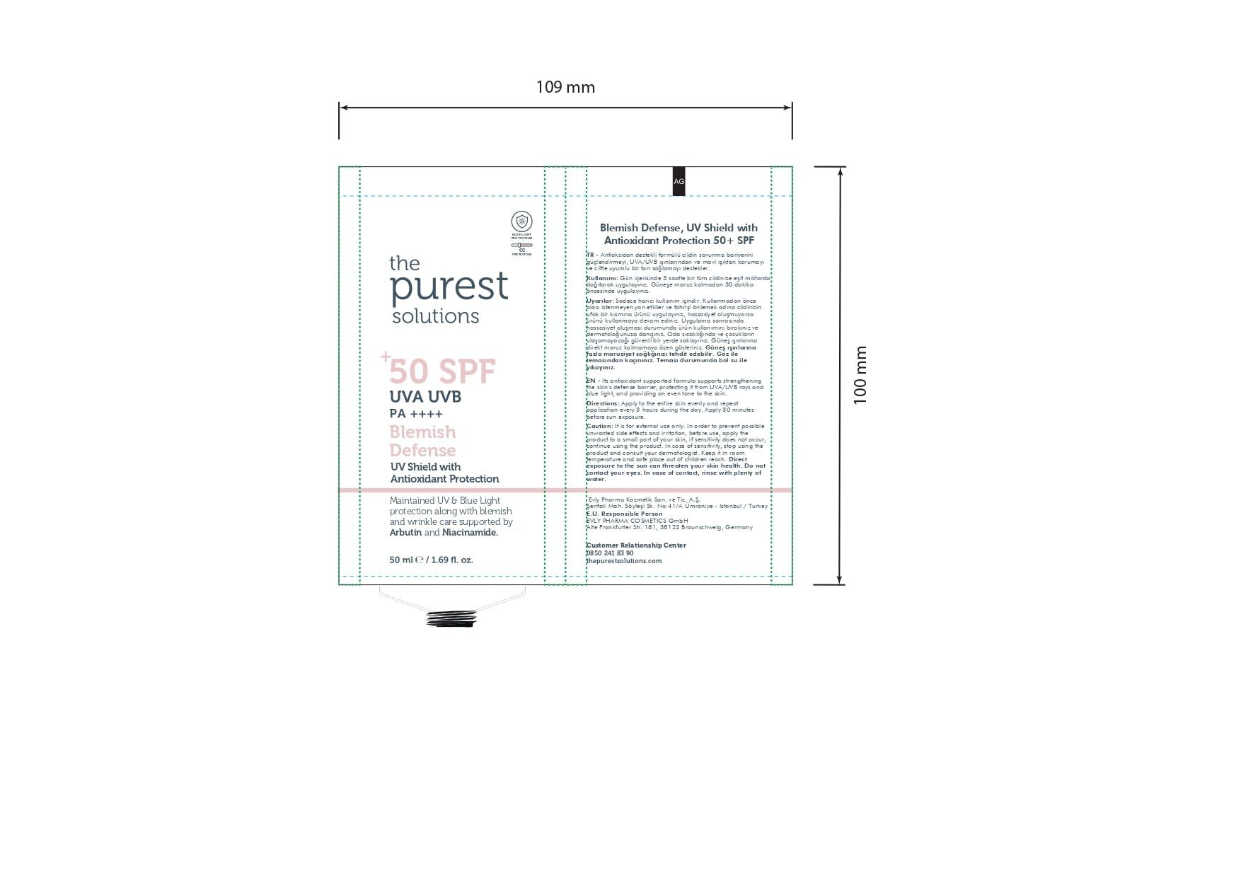 The Purest Solutions The Purest Solutions Blemish Defense (UV Shield with Antioxidant Protection SPF 50+) - 8h UVA Protection, Arbutin & Niacinamide for Skin Tone Harmonization and Moisturizers - Vegan (50 ml)