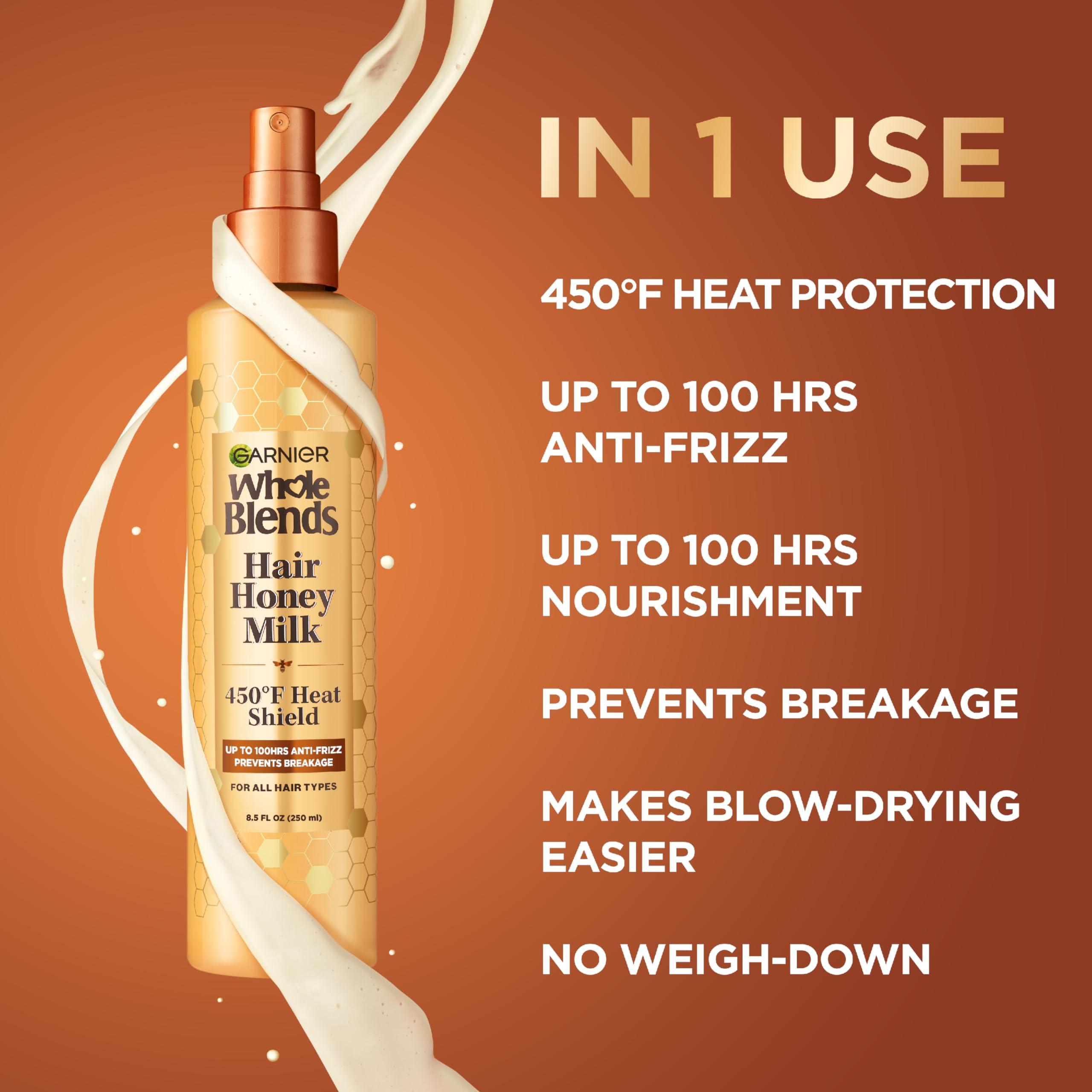 Garnier Garnier Whole Blends Honey Treasures Repairing Shampoo (22 Fl Oz), Conditioner (22 Fl Oz) + Hair Honey Milk 450F Heat Protectant Spray (2 Count) (8.5 Fl Oz) (4 Items), Bundle (Packaging May Vary)
