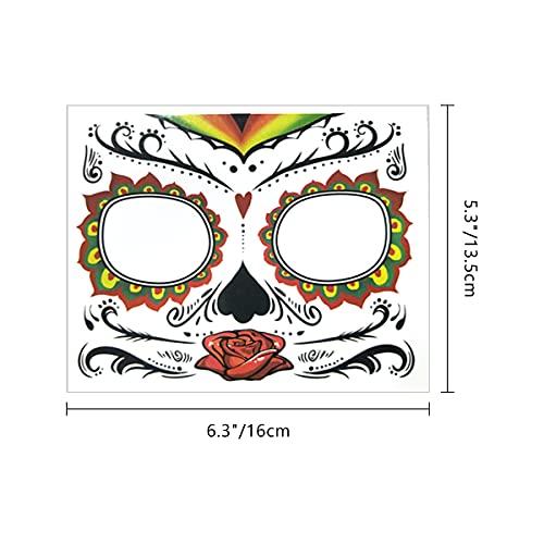 FATHER.SON 4 Pack Halloween Face Tattoo, Day of the Dead Sugar Skull Temporary Tattoos Makeup Kit for Men and Women Halloween Costume