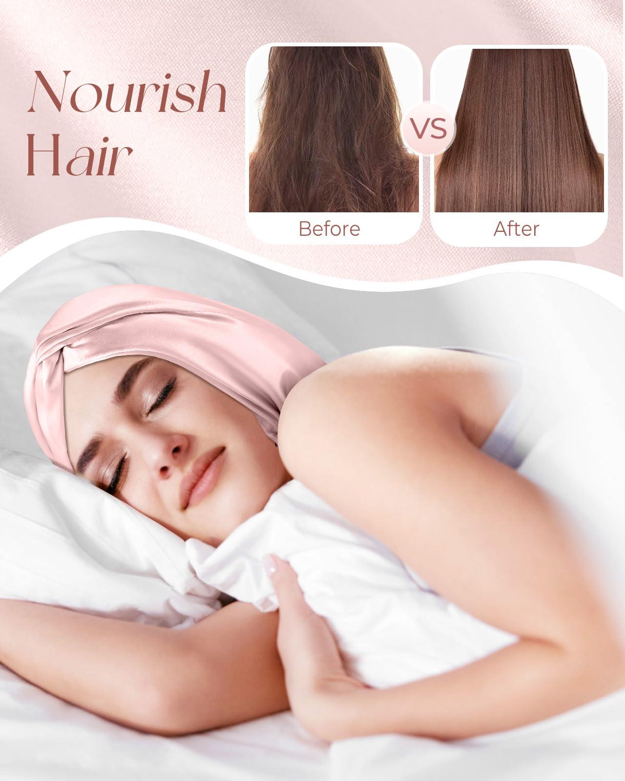 Miss Adola Miss Adola Silk Bonnet for Women - Mulberry Silk Sleep Cap for Hair Care with Eye Mask & Scrunchie 19 Momme Night Cap Sleeping Set with Elastic Stay On Head, Light Pk
