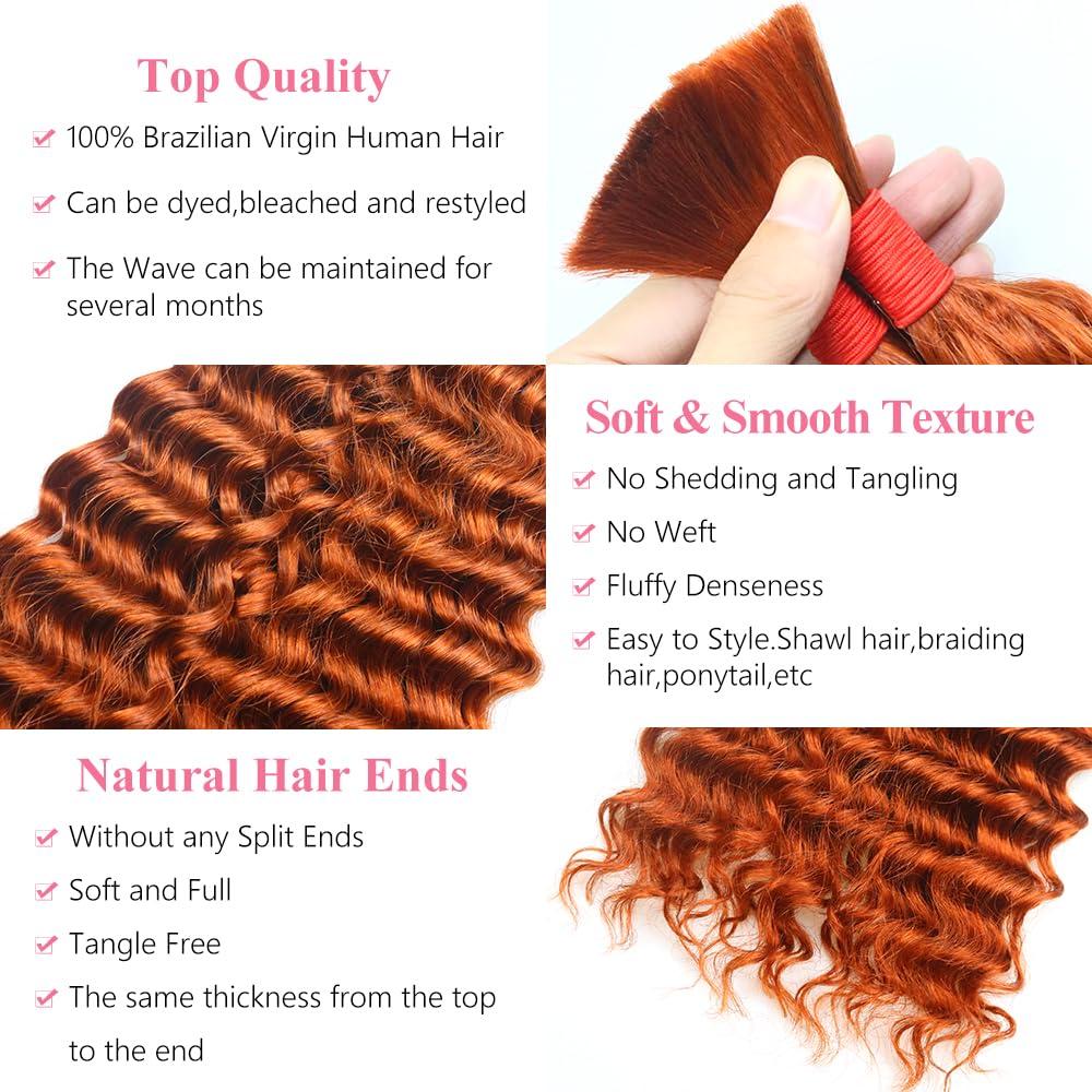 Shining Girl Deep Wave Bulk Human Hair for Braiding No Weft 100 g (1 Pack-2 Bundles) 100% Unprocessed Brazilian Virgin Human Hair Bulk Human Braiding Hair For BOHO Braids Curly Deep Bulk 18 inch Ginger Orange #350