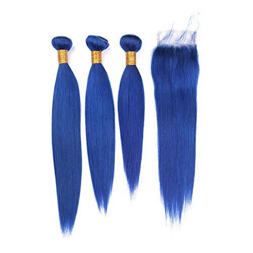 Tony beauty hair Tony Beauty Hair Straight Dark Blue Virgin Hair Weave Double Wefts with Closure 4Pcs Lot Blue Colored Indian Human Hair 3Bundles Hair Weaves with Front Lace Closure 4x4 (24 24 24+20)