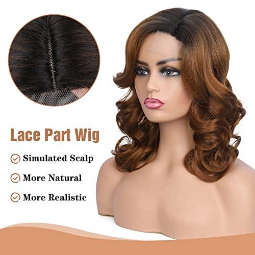 HANNE HANNE Short Curly Lace Part Loose Wave Synthetic Wigs for Black Women High Density Heat Resistant Omber Brown Curly Lace Wig (1B/30#)