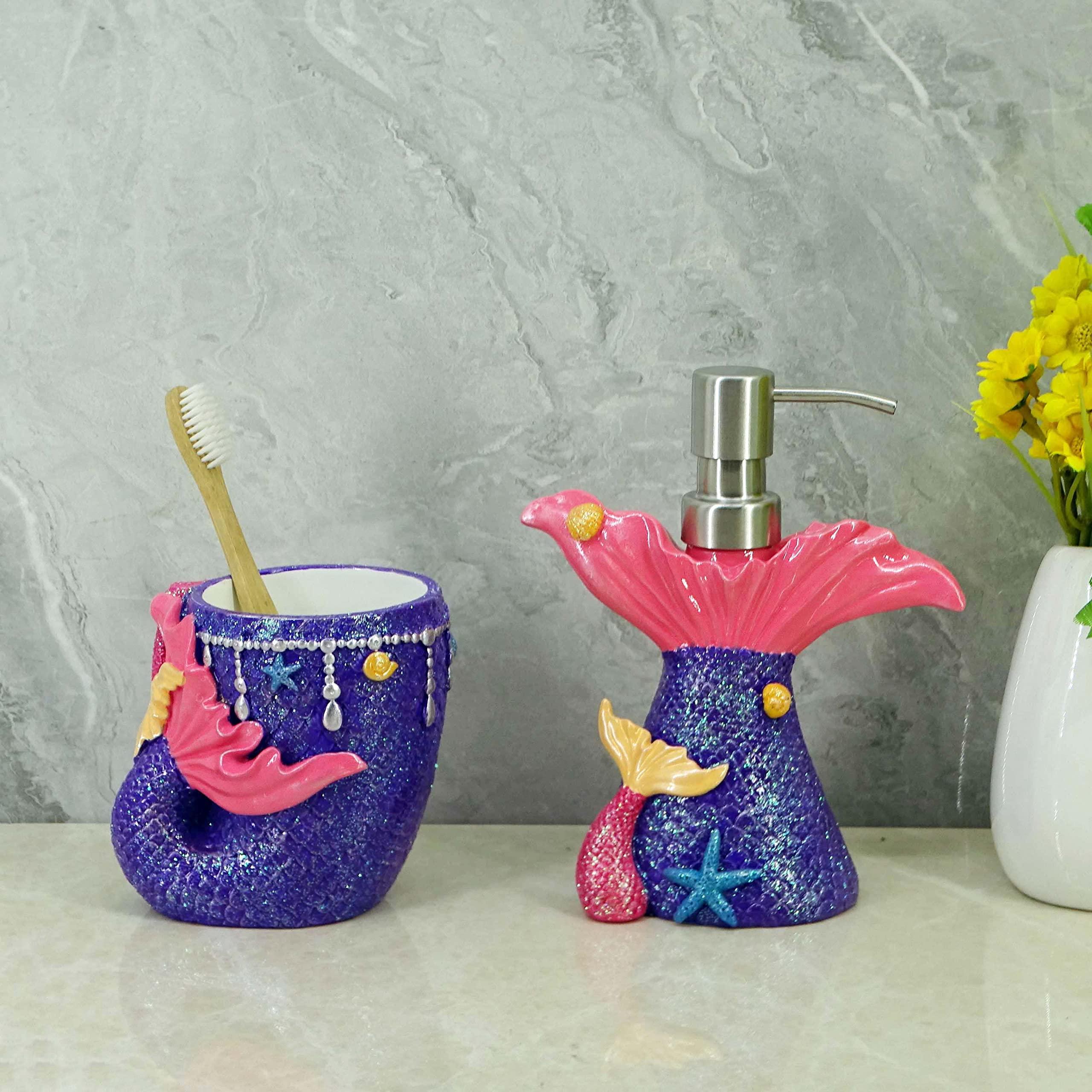 YHHRESINKING Mermaid soap Dispenser for Bathroom Kitchen, Resin Lotion Dispenser, Liquid Hand soap Dispenser with Pump Bottle for Kitchen Sink and Bathroom Lavatory, Home Decor Organizer (Purple)