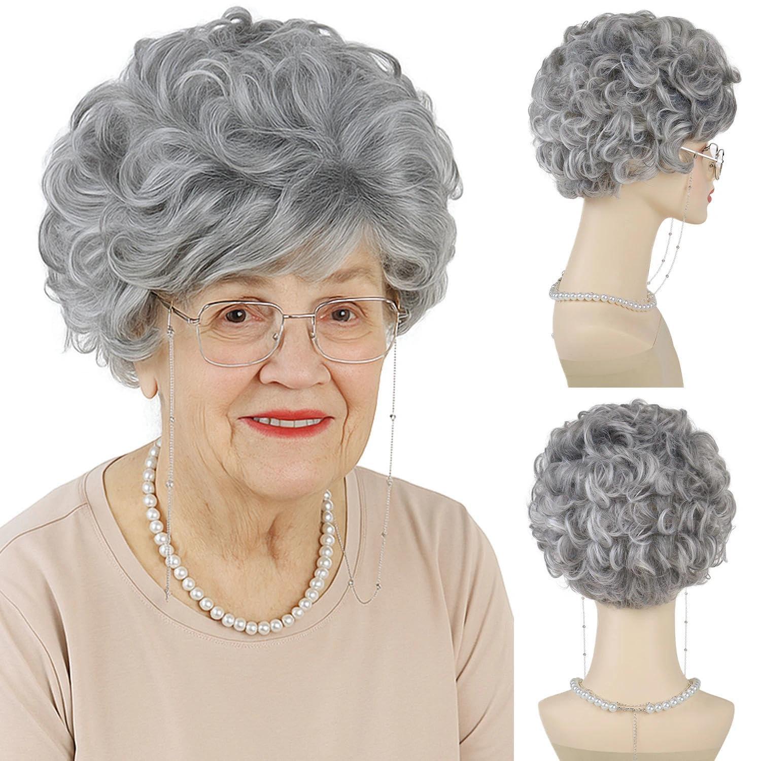 GNIMEGIL GNIMEGIL Old Lady Wig Short Dark Grey Curly Grandma Wig with Bangs Cosplay Costume Halloween Christmas Wig Accessories 4pcs Set(Wig+Glasses+Necklace+Chain)
