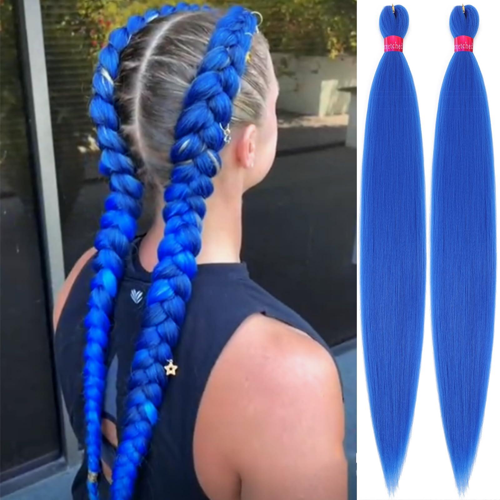 yuzshuooxin Blue Pre Stretched Braiding Hair 30 Inch Braiding Hair 2 Packs Pre Feathered Hair Extensions Yaki Texture Braids Hair Easy to Use